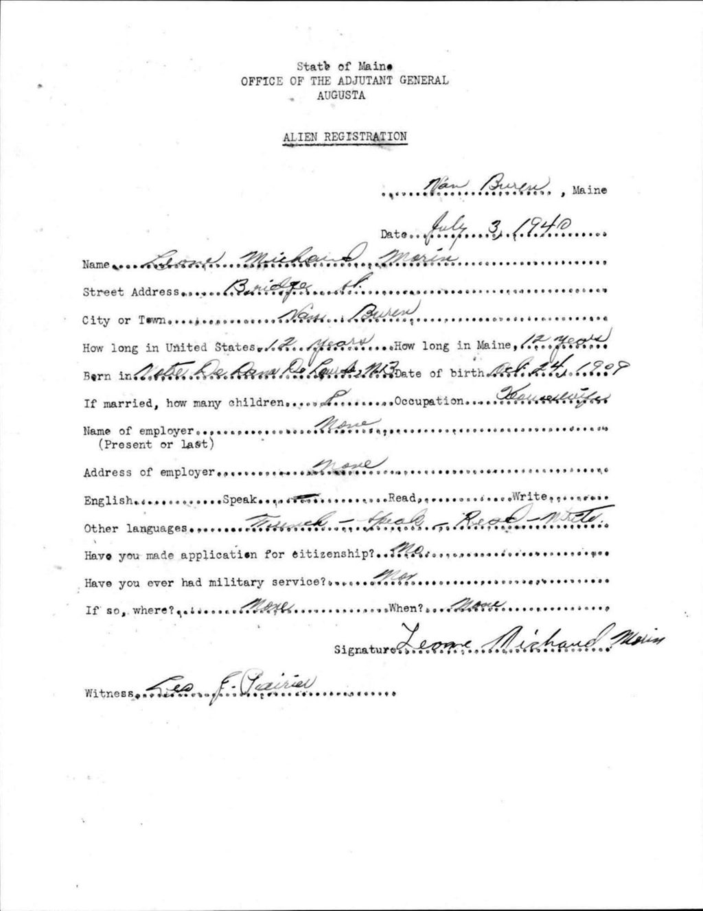 Alien Registration- Michaud, Leone (Van Buren, Aroostook County)