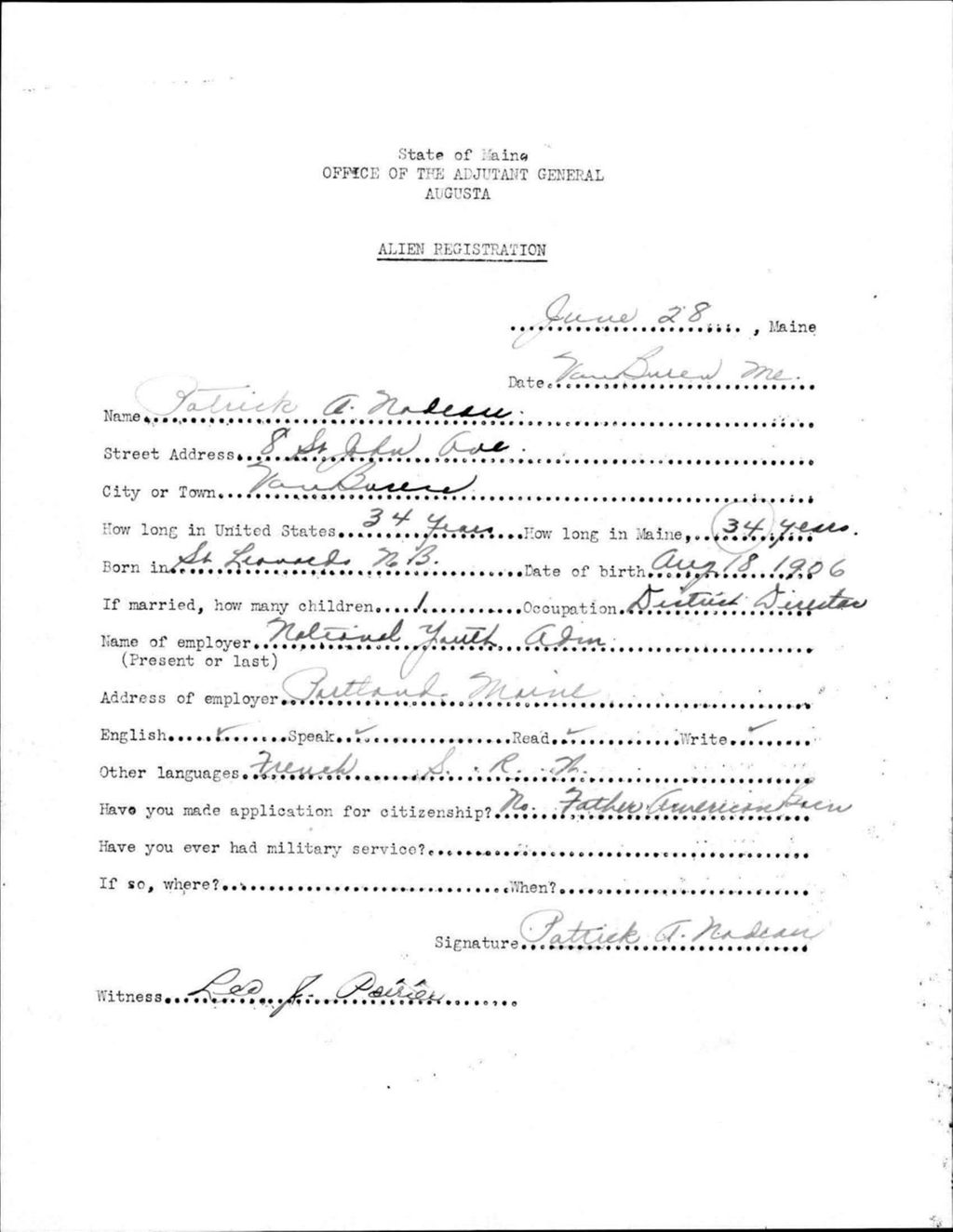 Alien Registration- Nadeau, Patrick A. (Van Buren, Aroostook County)