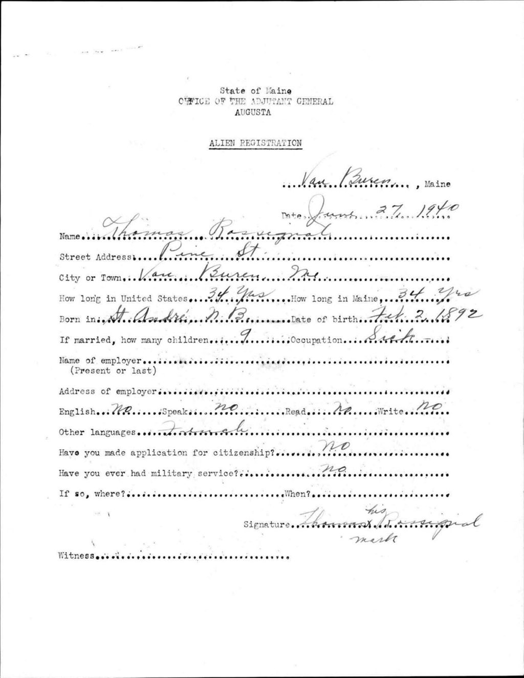 Alien Registration- Rossignol, Thomas (Van Buren, Aroostook County)