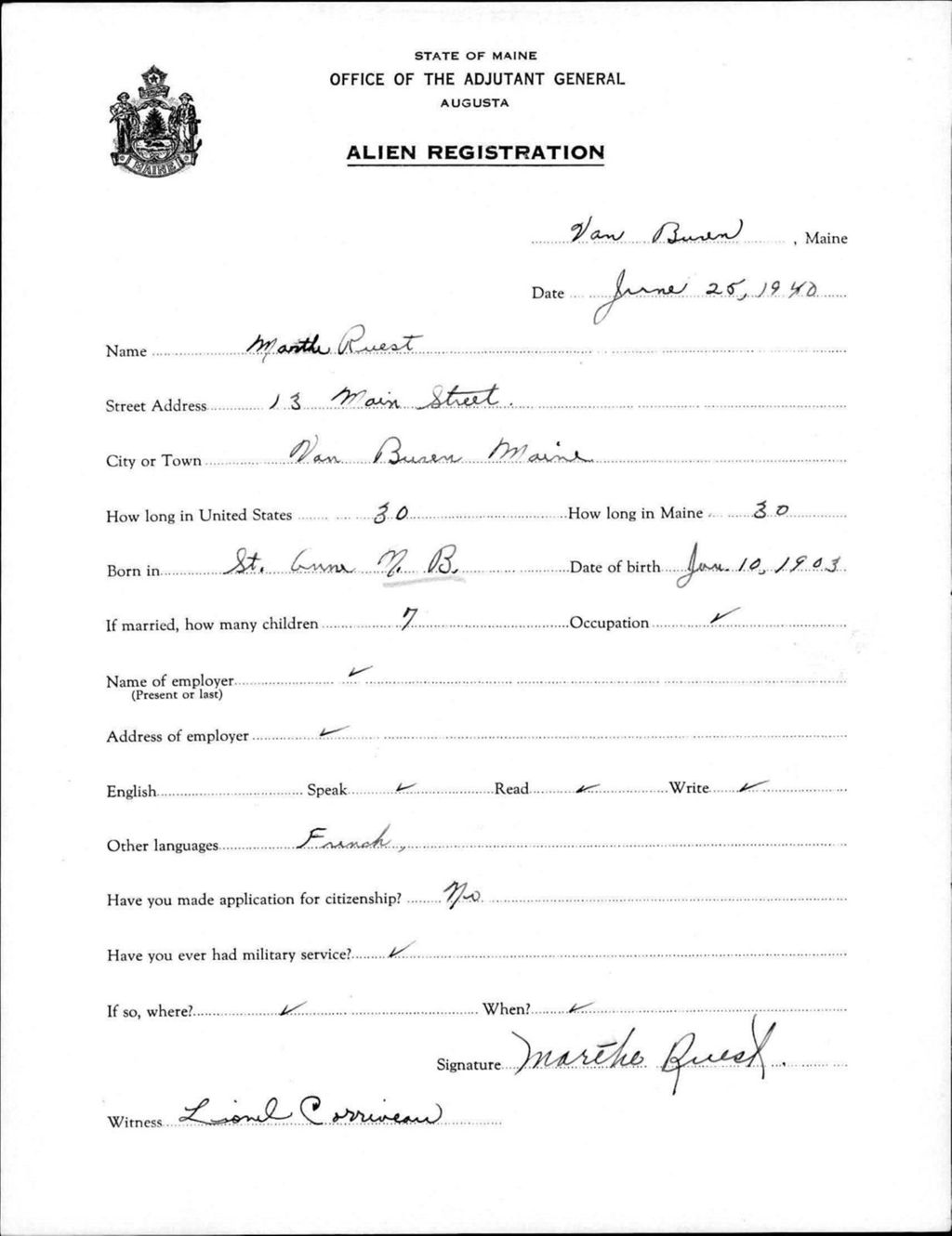 Alien Registration- Ruest, Martha (Van Buren, Aroostook County)