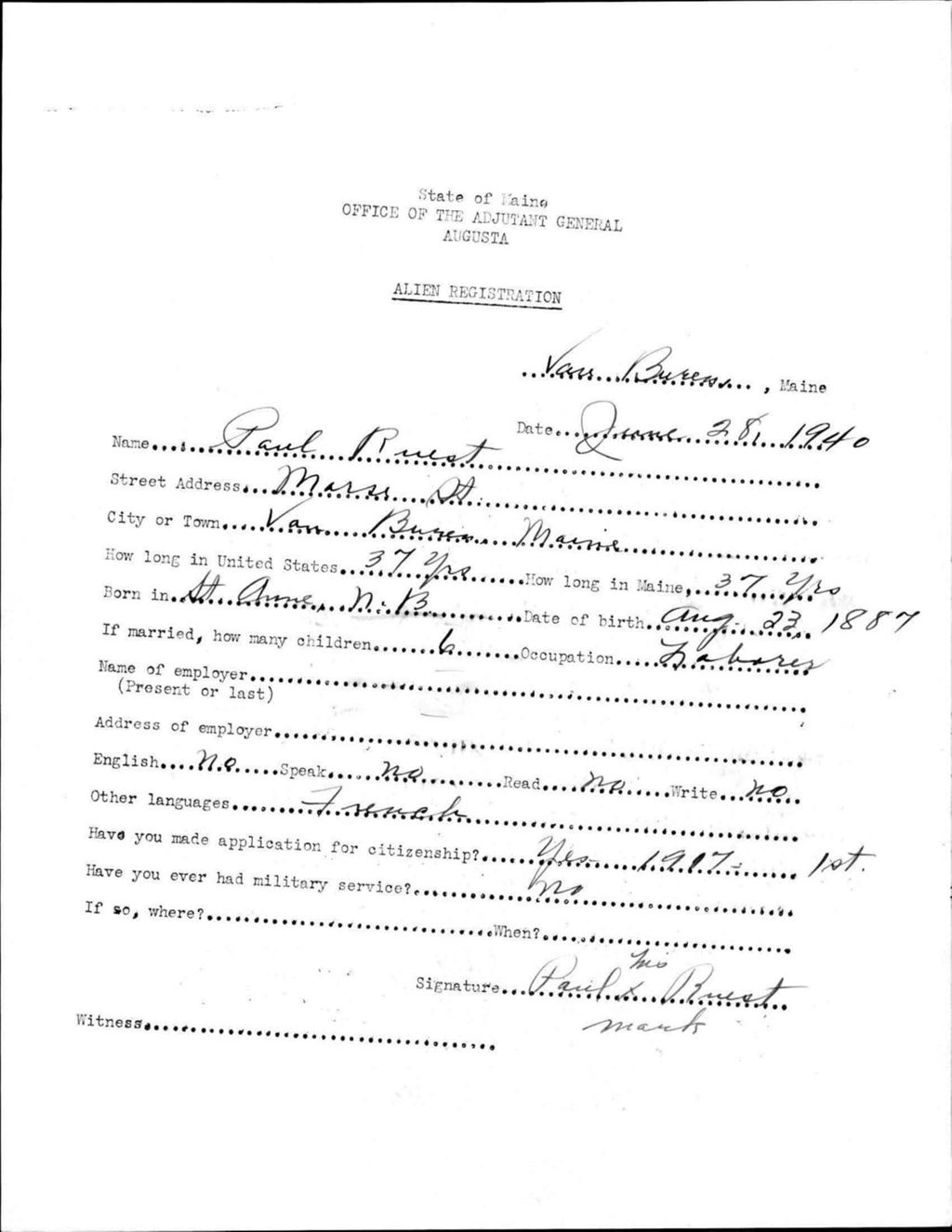 Alien Registration- Ruest, Paul (Van Buren, Aroostook County)