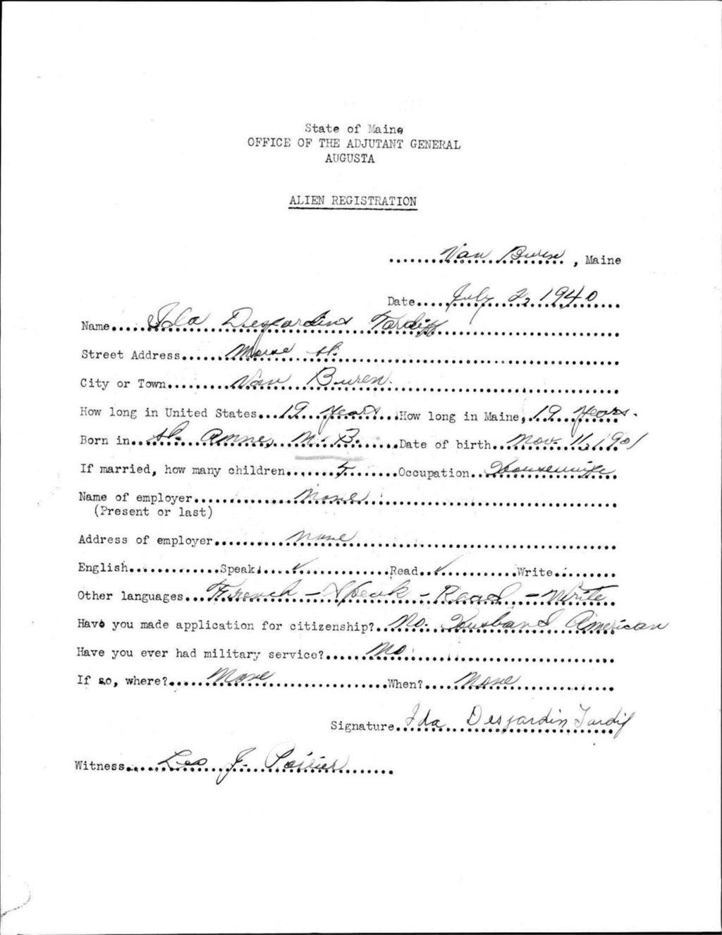 Alien Registration- Desjardins, Ida (Van Buren, Aroostook County)