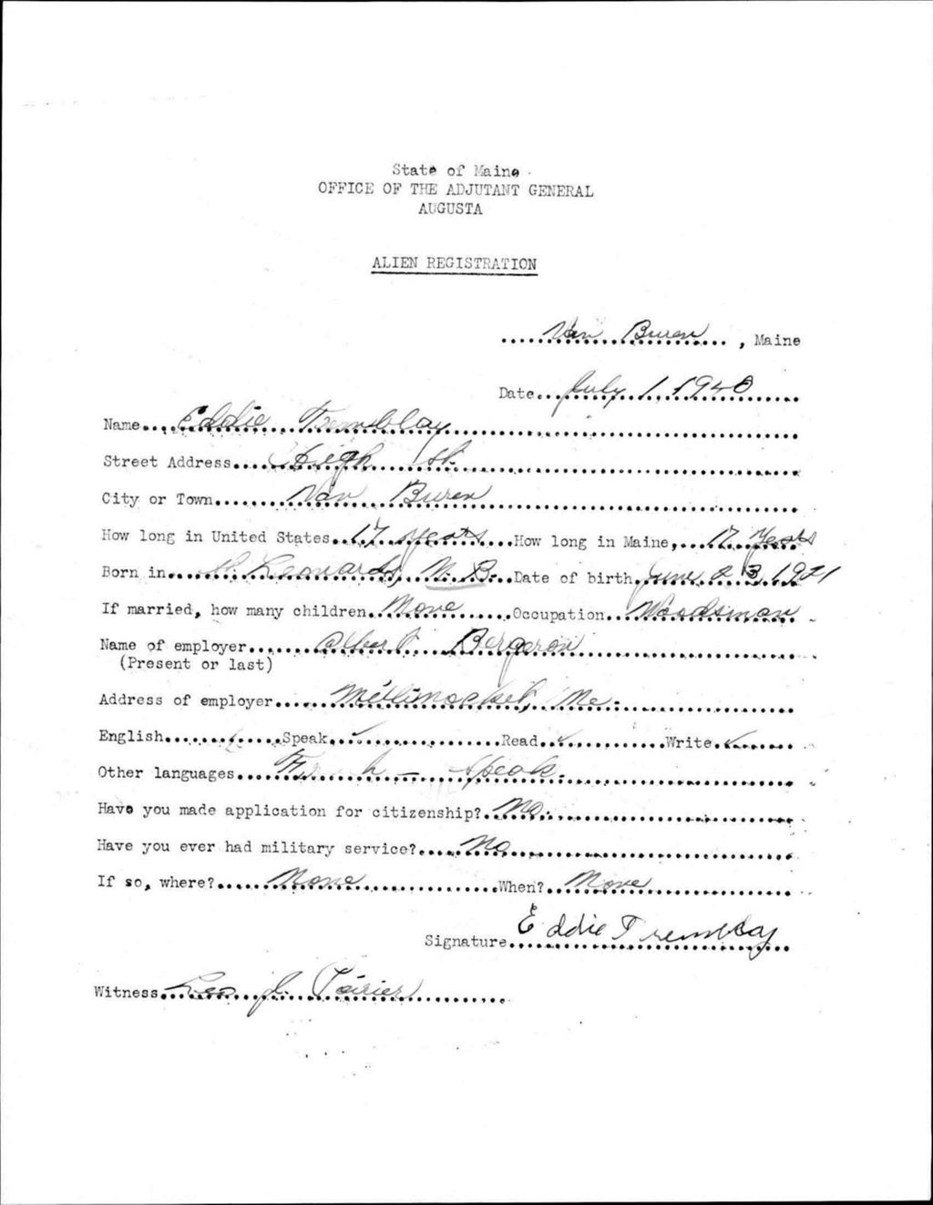Alien Registration- Tremblay, Eddie (Van Buren, Aroostook County)