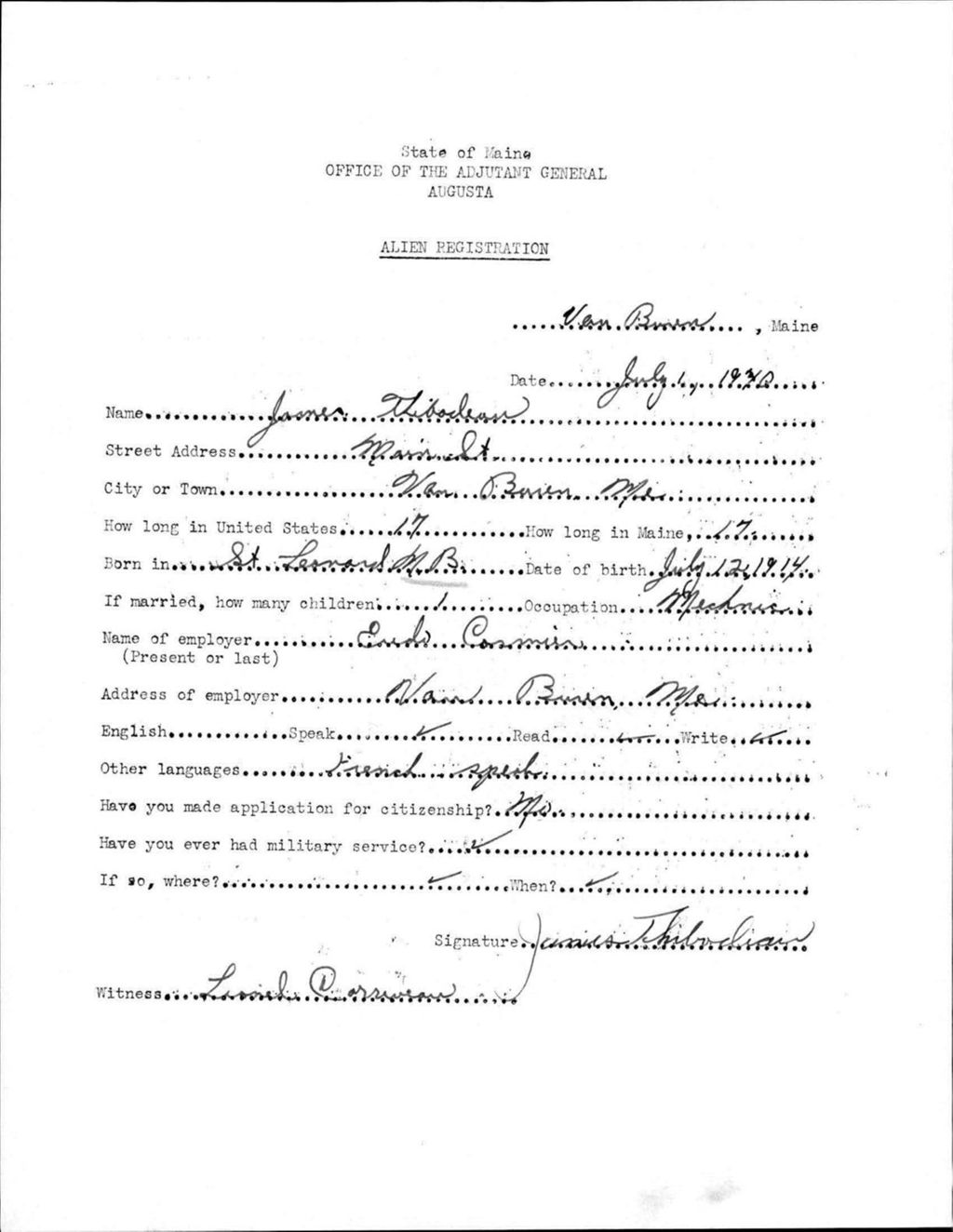 Alien Registration- Thibodeau, James (Van Buren, Aroostook County)