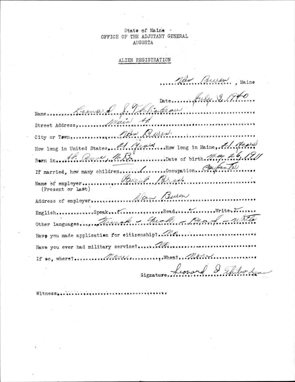 Alien Registration- Thibodeau, Leonard J. (Van Buren, Aroostook County)