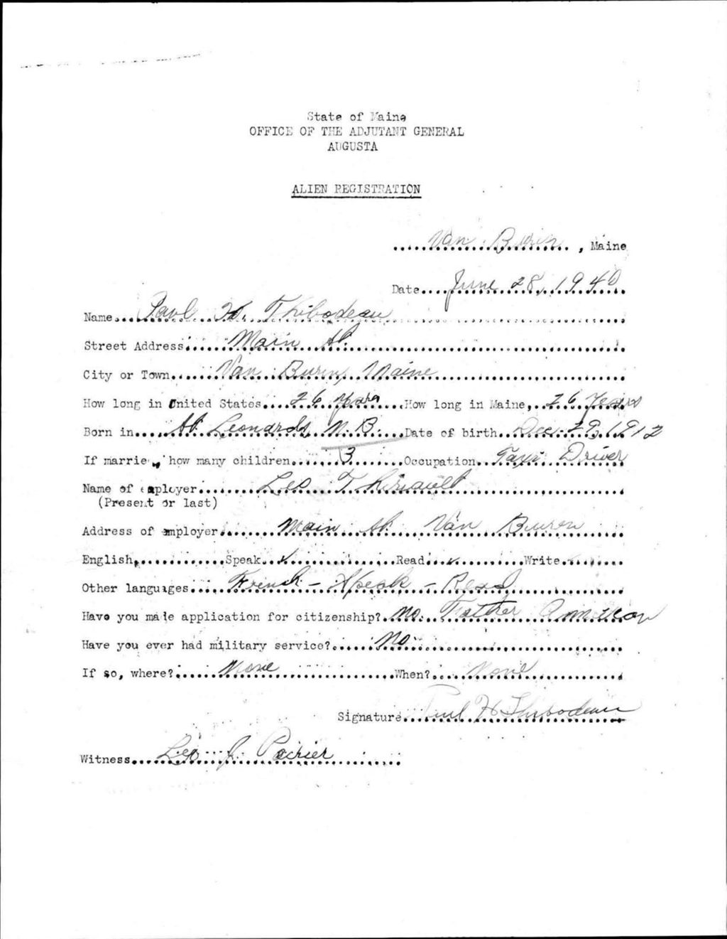 Alien Registration- Thibodeau, Paul H. (Van Buren, Aroostook County)