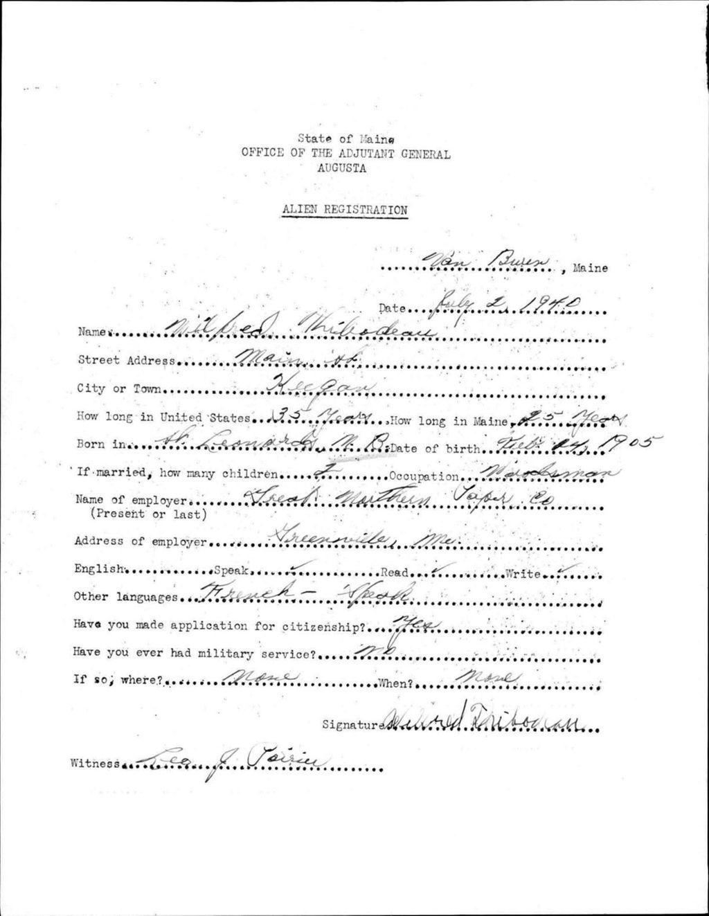 Alien Registration- Thibodeau, Wilfred (Van Buren, Aroostook County)