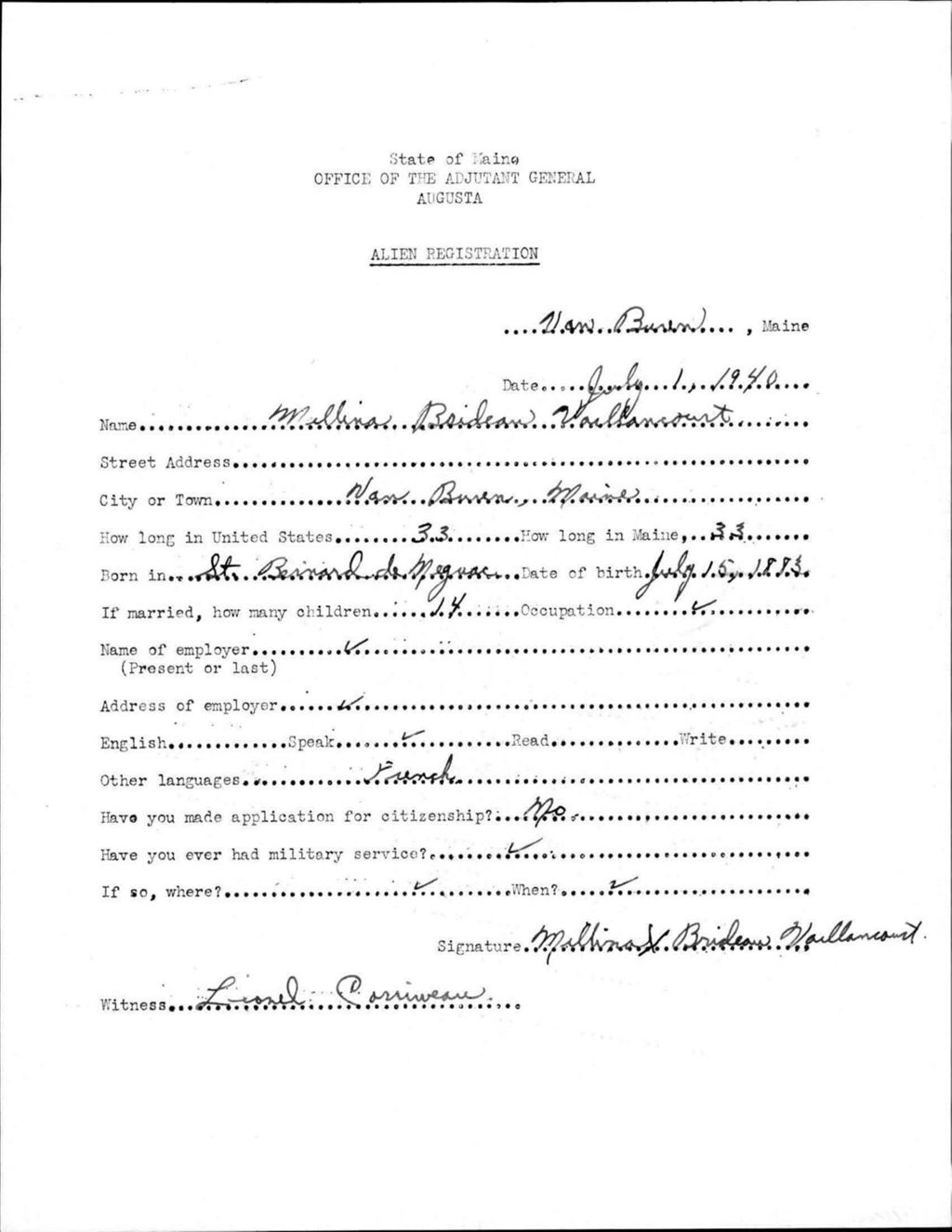 Alien Registration- Brideau, Millina (Van Buren, Aroostook County)