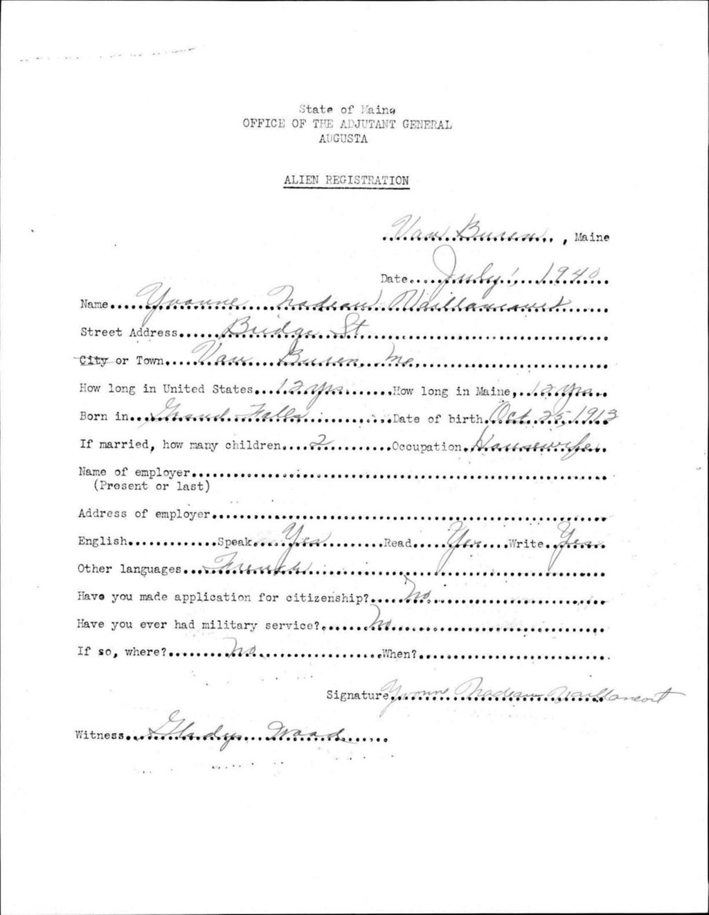 Alien Registration- Nadeau, Yvonne (Van Buren, Aroostook County)