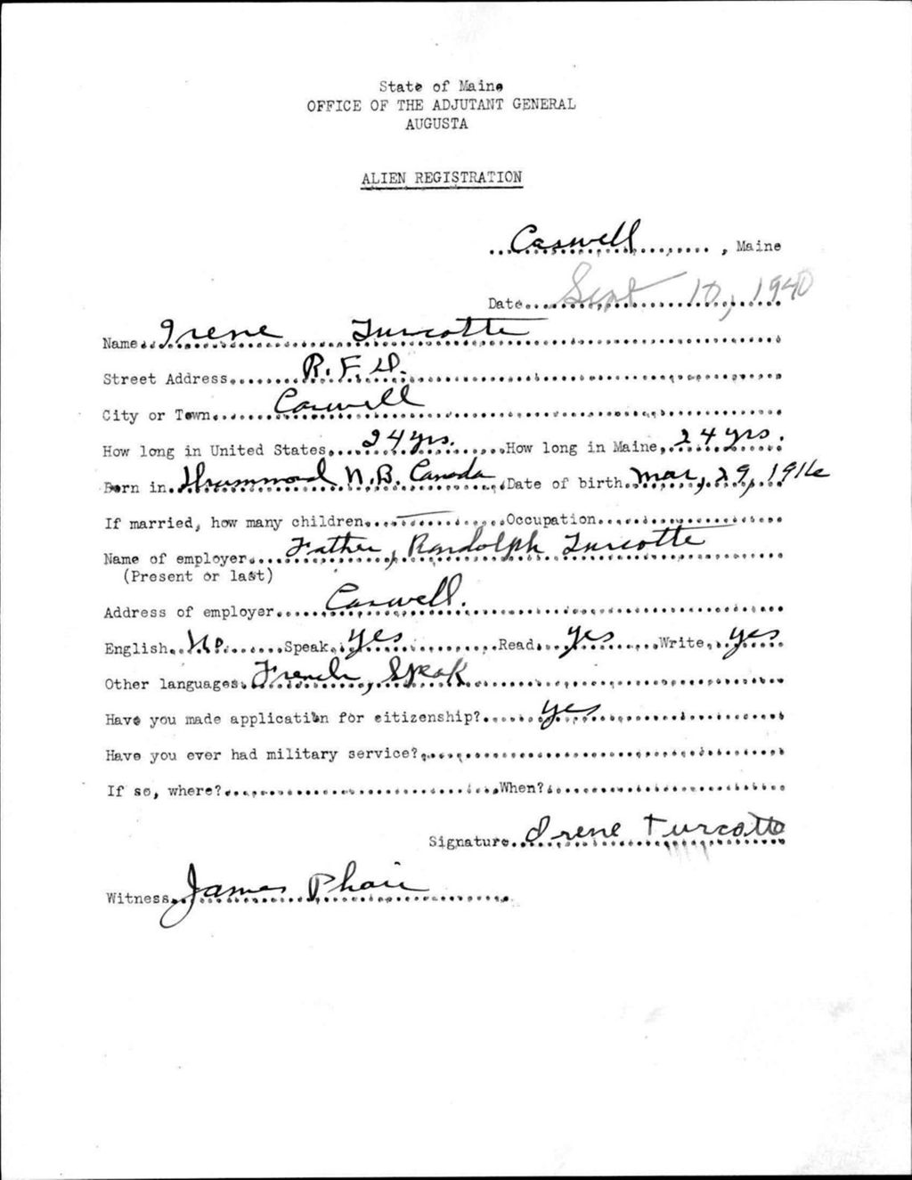 Alien Registration- Turcotte, Irene (Allagash, Aroostook County)