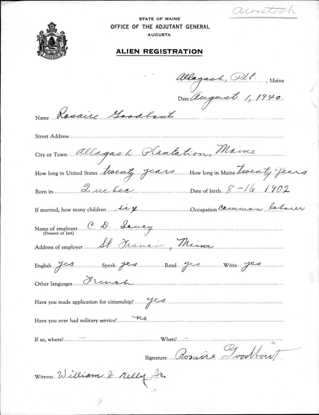 Alien Registration- Goodbout, Rosaire (Allagash Plantation, Aroostook County)