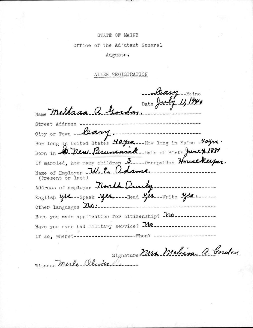 Alien Registration- Gordon, Melissa A. (Allagash, Aroostook County)