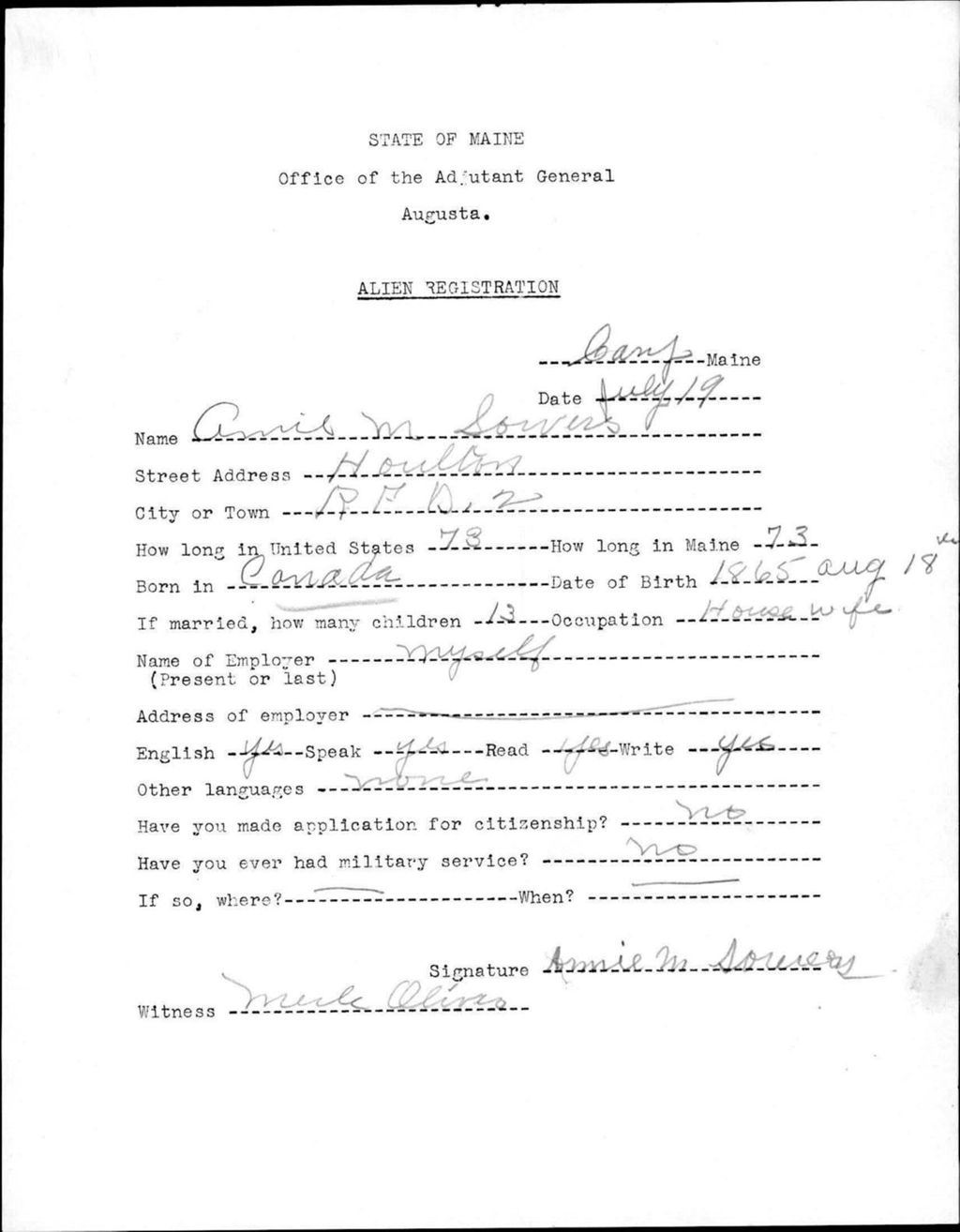 Alien Registration- Sorvers, Annie M. (Allagash, Aroostook County)