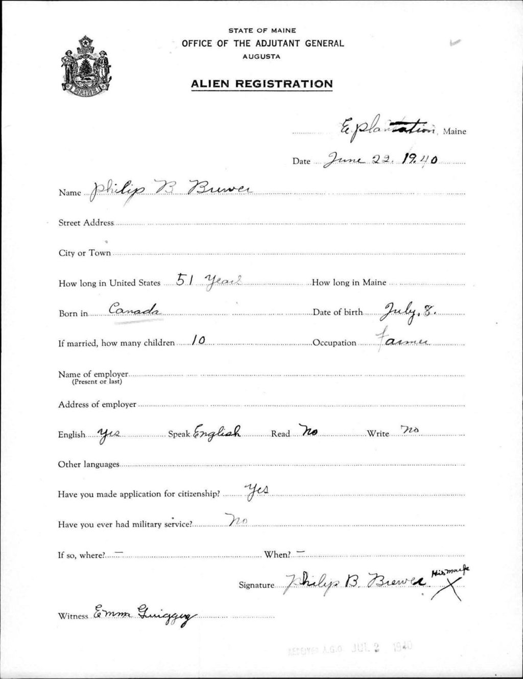 Alien Registration- Brewer, Philip B. (Allagash, Aroostook County)