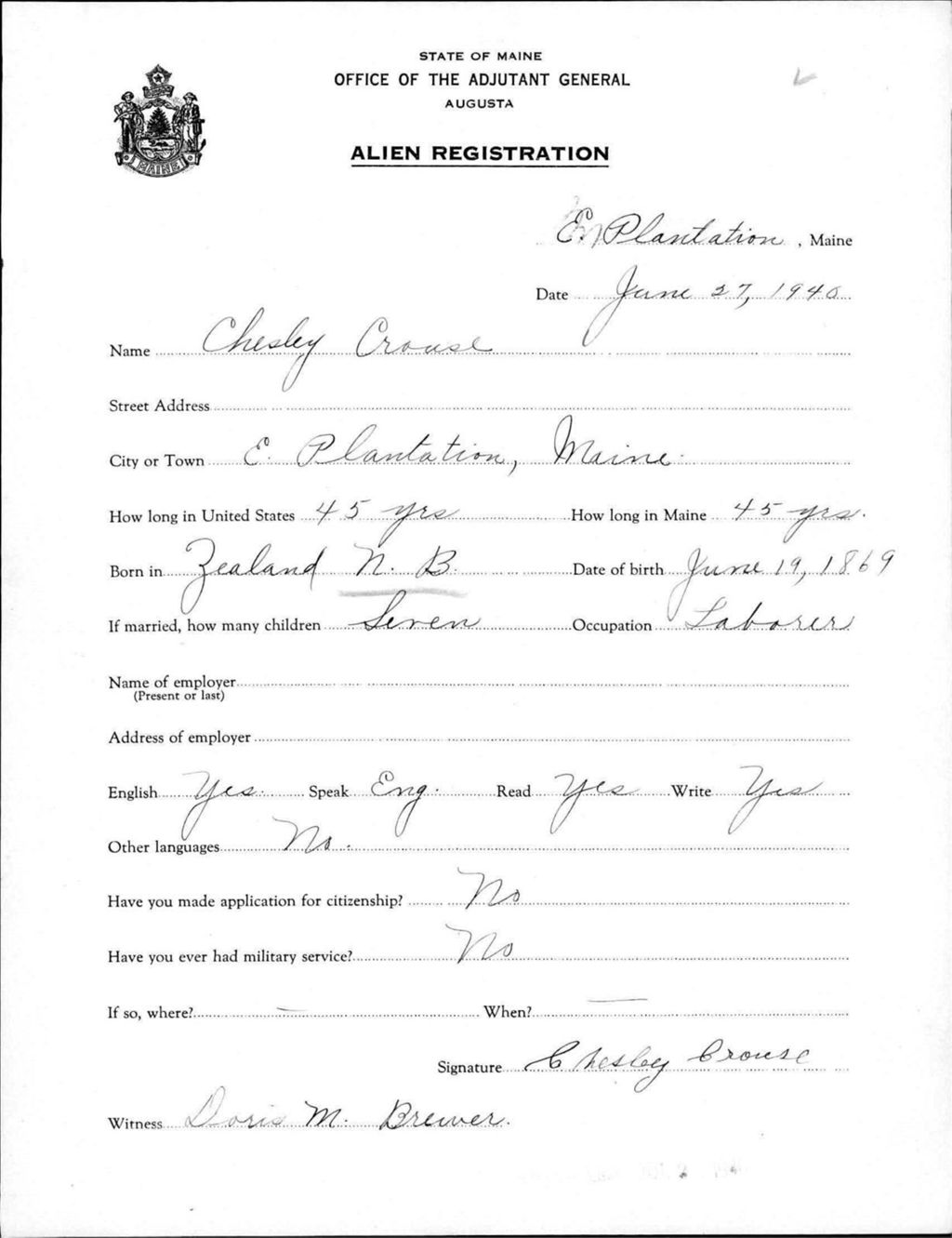 Alien Registration- Crouse, Chesley (Allagash, Aroostook County)