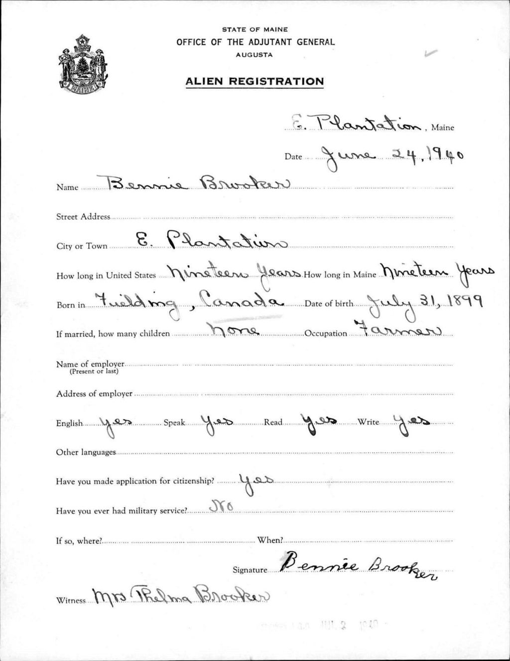 Alien Registration- Brooker, Bennie (Allagash, Aroostook County)