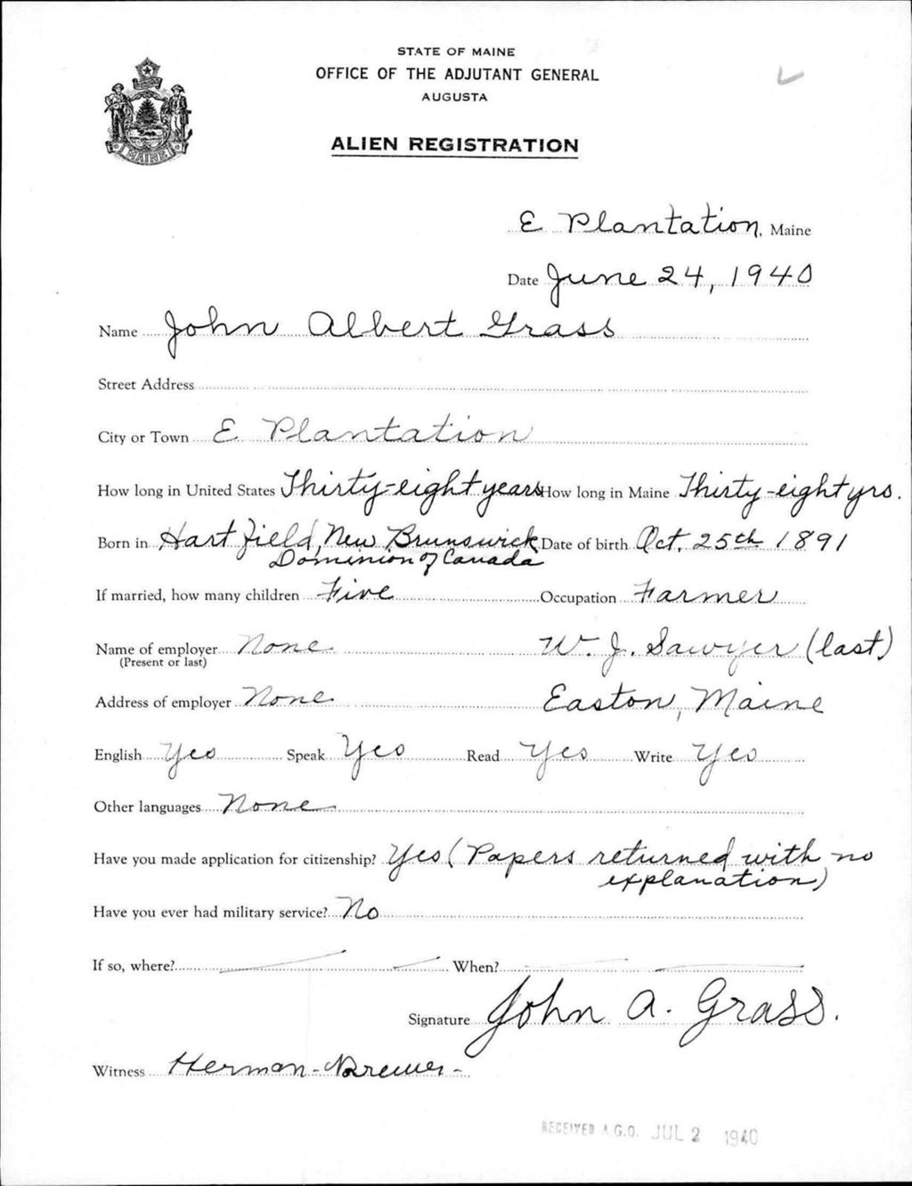 Alien Registration- Grass, John A. (Allagash, Aroostook County)
