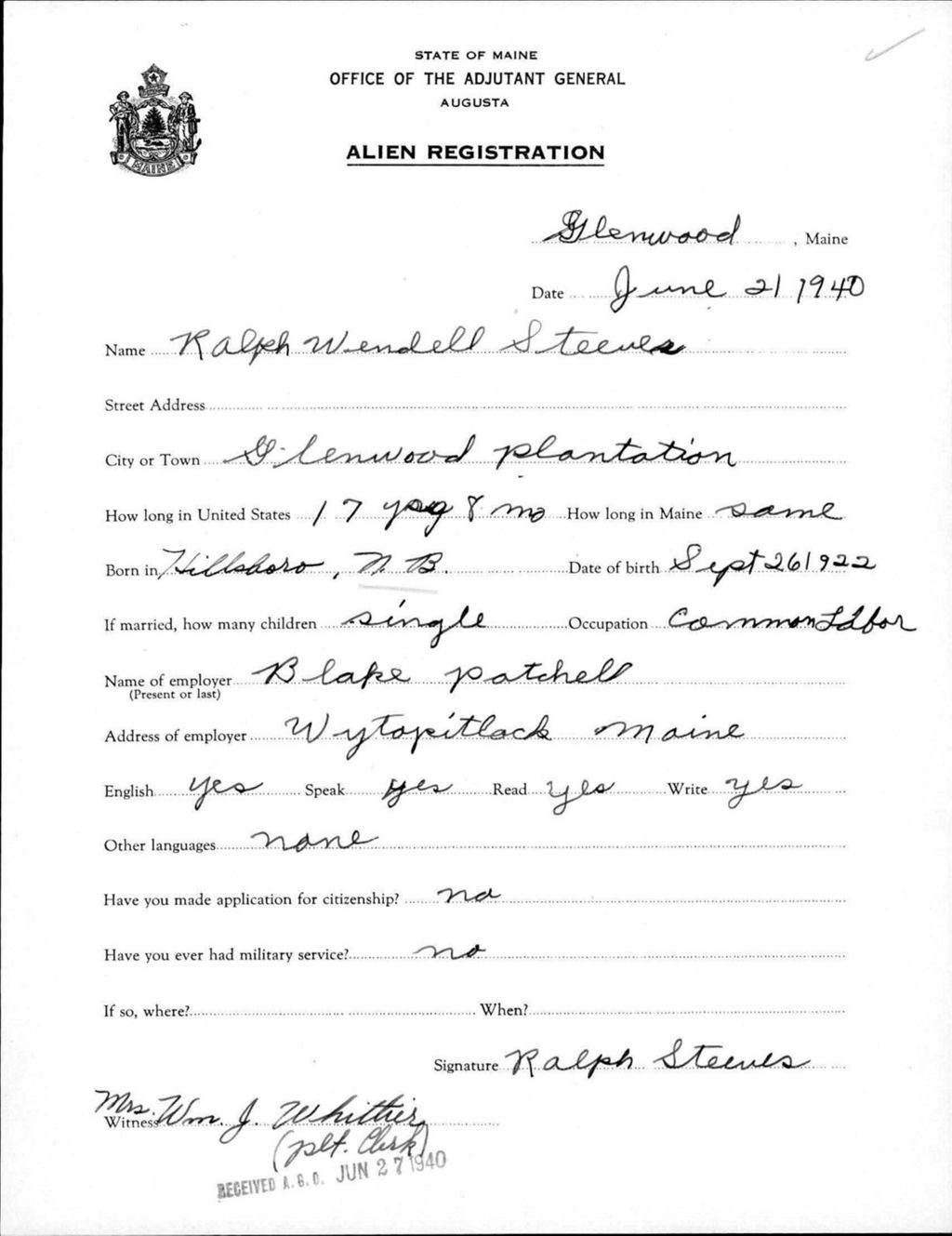 Alien Registration- Steeves, Ralph W. (Allagash, Aroostook County)