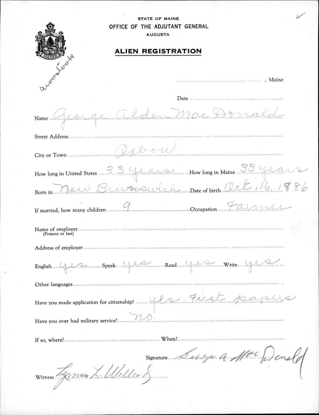 Alien Registration- Macdonald, George A. (Allagash, Aroostook County)