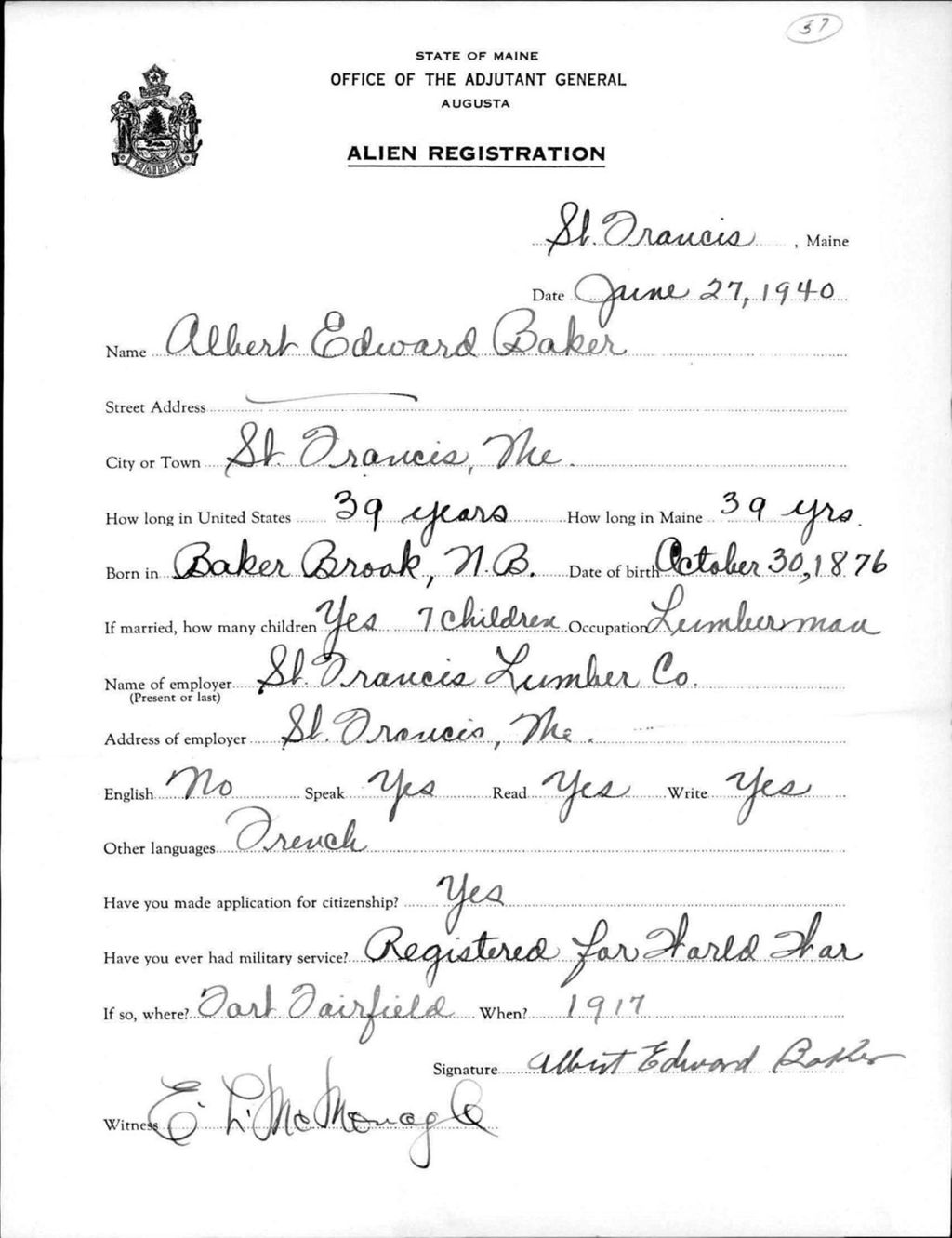 Alien Registration- Baker, Albert E. (Saint Francis, Aroostook County)