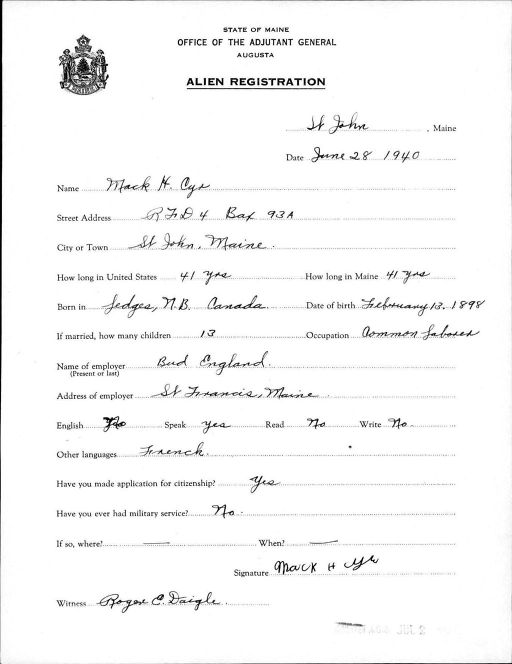 Alien Registration- Cyr, Mack H. (Saint John Plantation, Aroostook County)