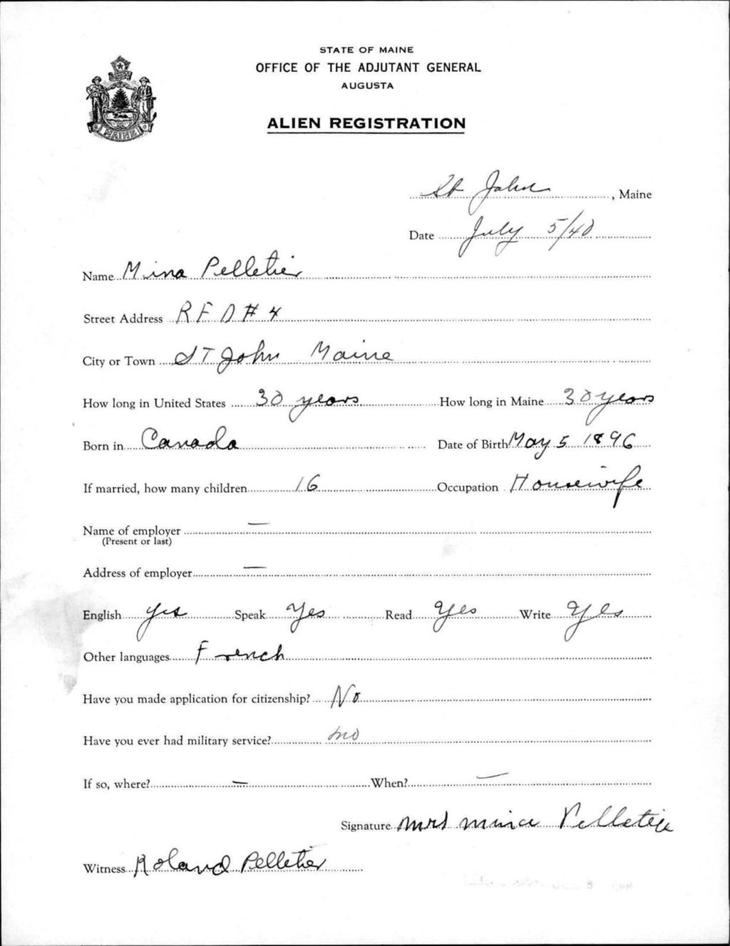 Alien Registration- Pelletier, Mina (Saint John Plantation, Aroostook County)