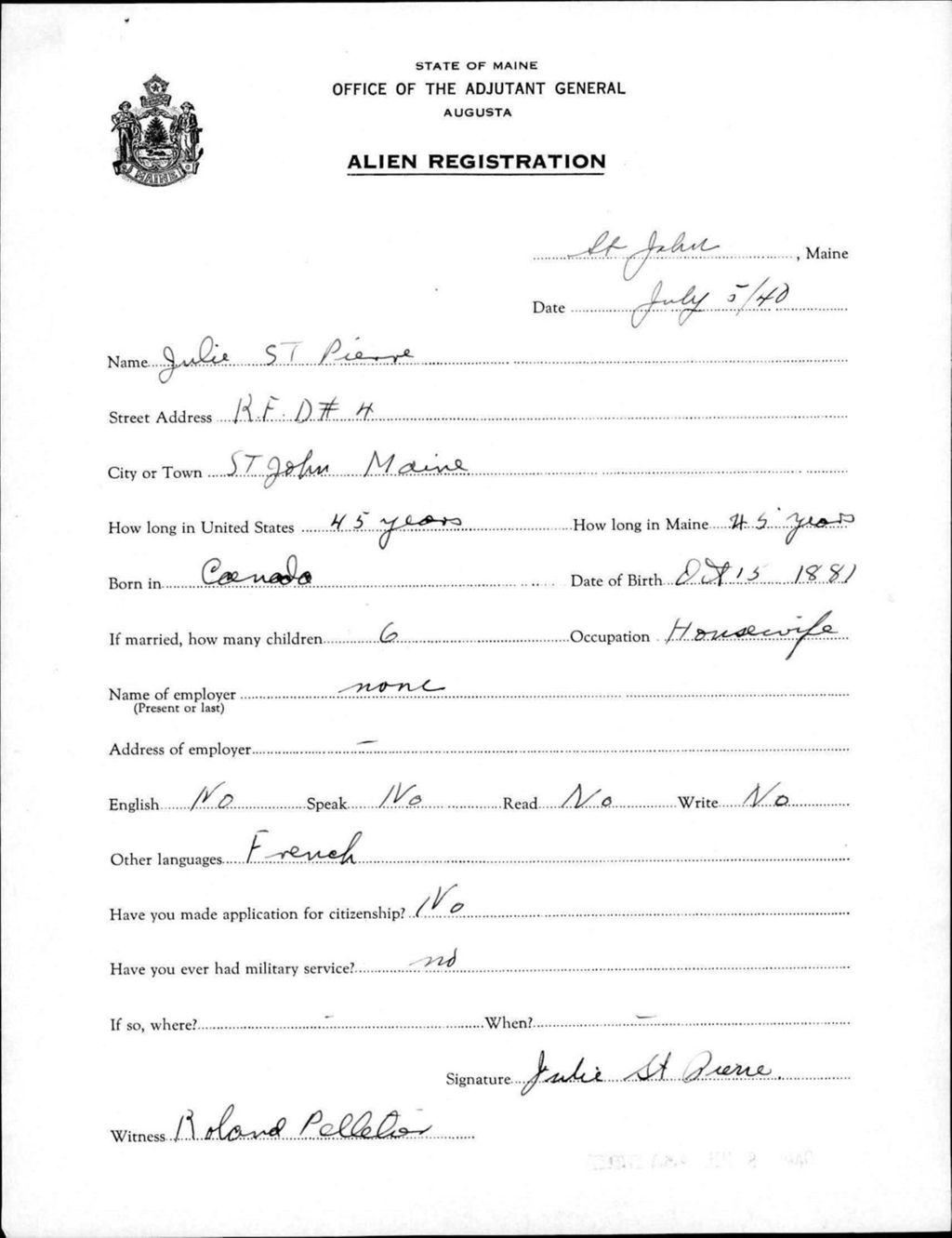 Alien Registration- St Pierre, Julie (Saint John Plantation, Aroostook County)