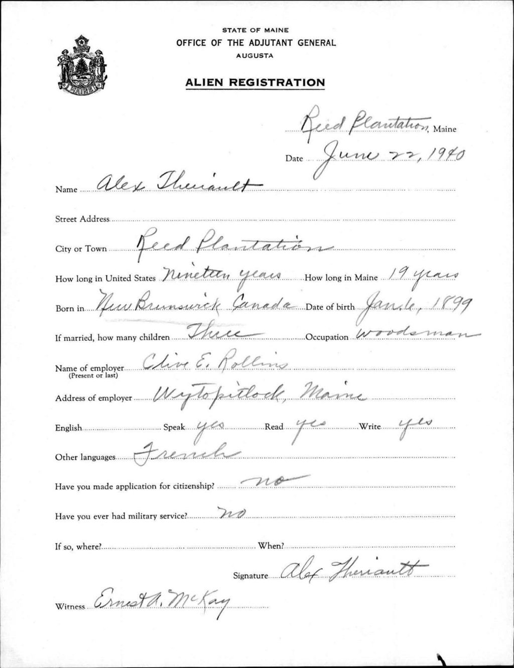 Alien Registration- Theriault, Alex (Reed Plantation, Aroostook County)