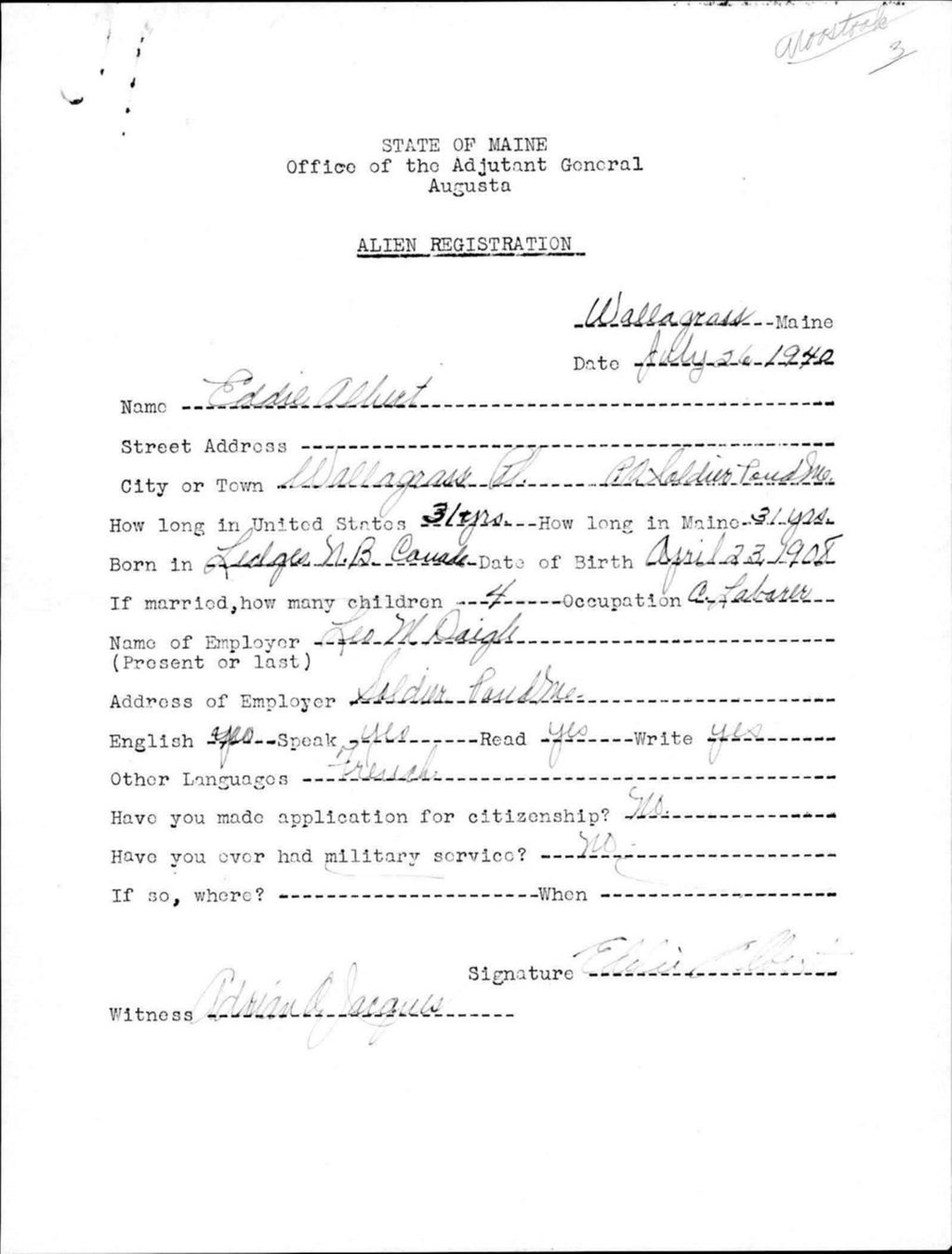 Alien Registration- Albert, Eddie (Wallagrass Plantation, Aroostook County)
