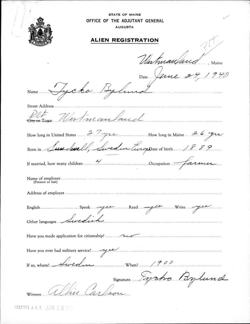 Alien Registration- Bylund, Tycko (Westmanland, Aroostook County)