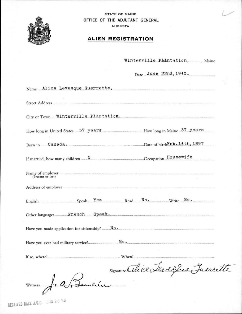 Alien Registration- Levesque, Alice (Saint John Plantation, Aroostook County)