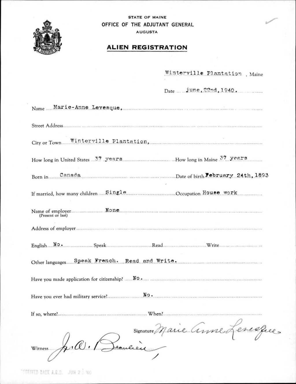Alien Registration- Levesque, Marie-Anne (Saint John Plantation, Aroostook County)
