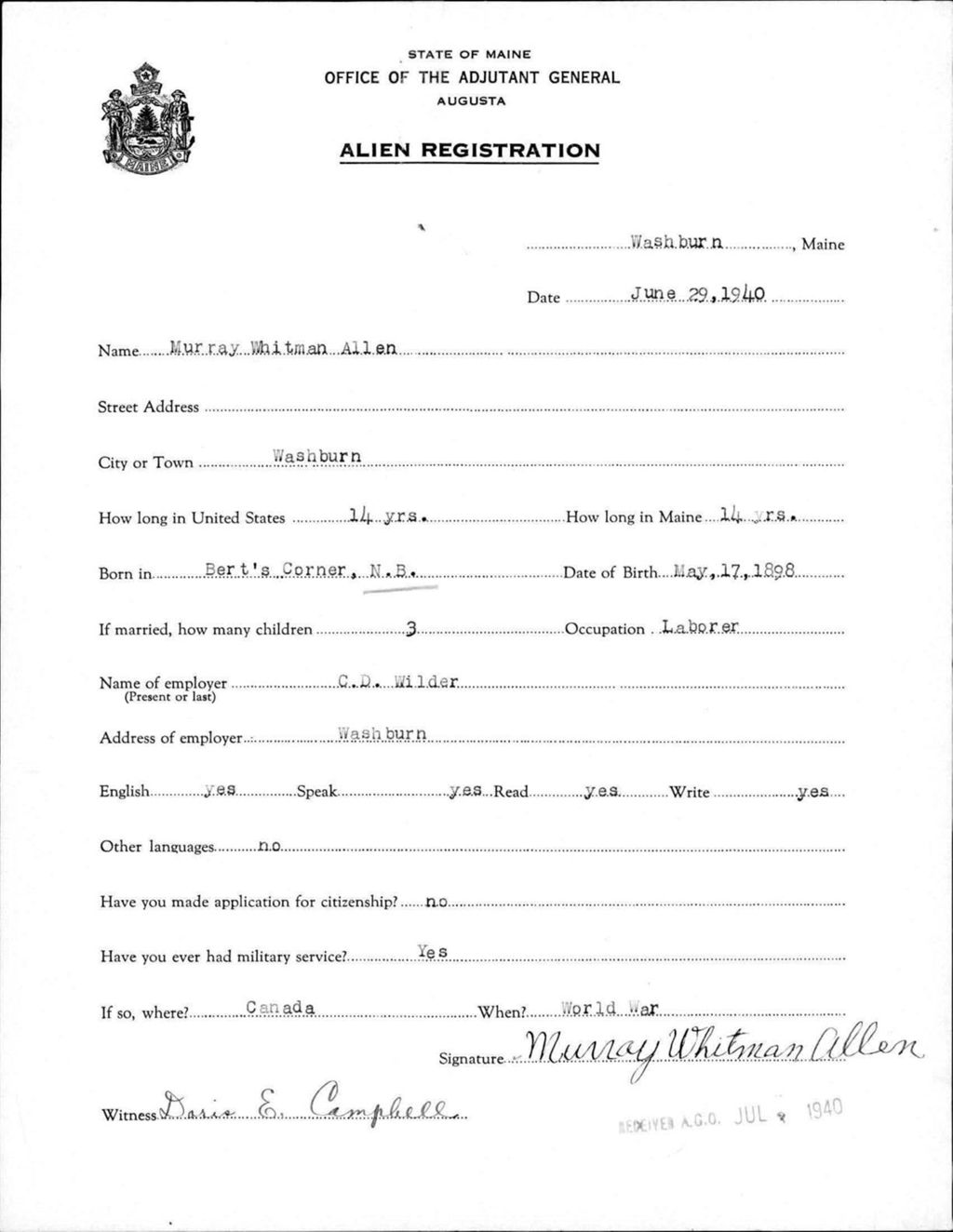 Alien Registration- Allen, Murray W. (Wade, Aroostook County)