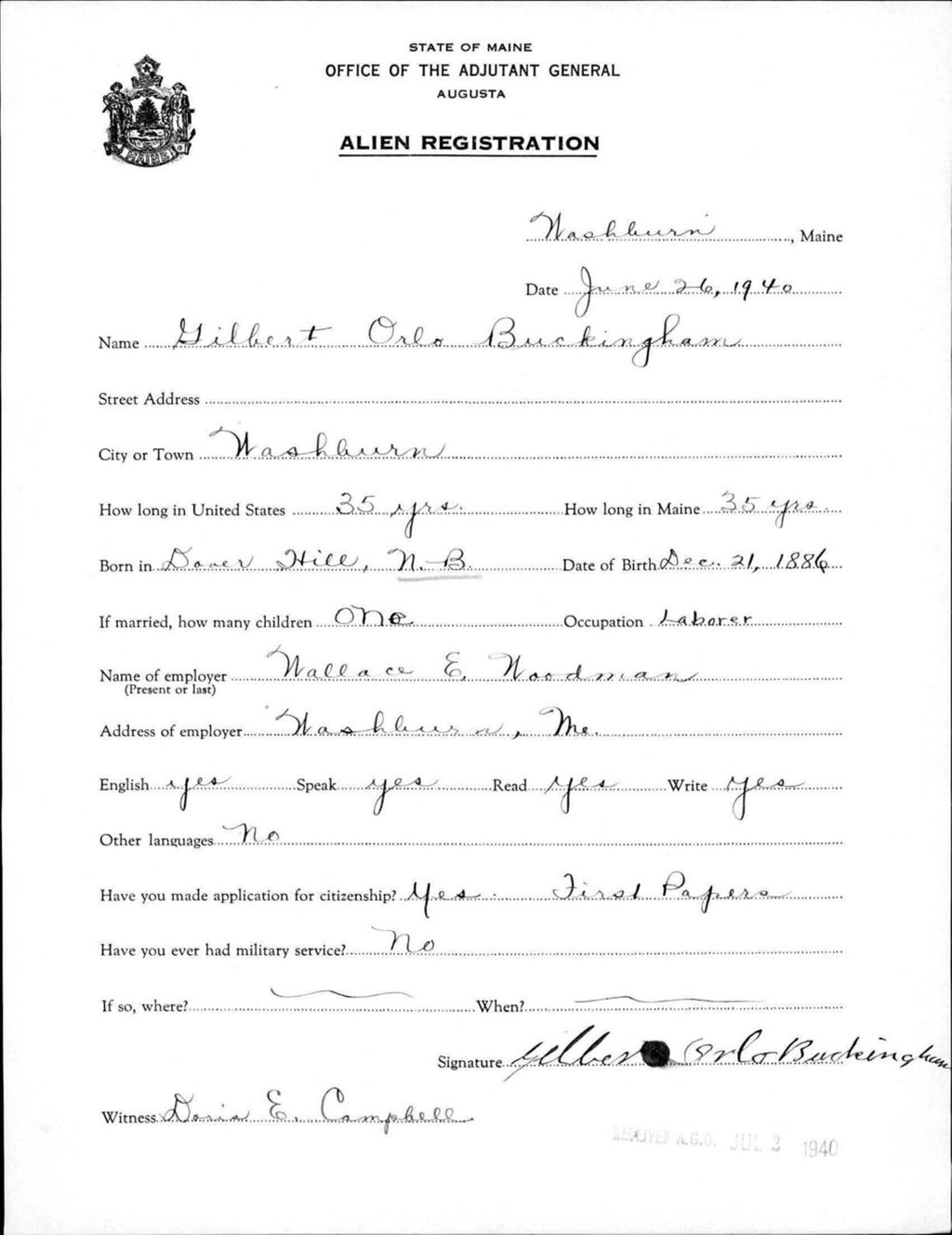 Alien Registration- Buckingham, Gilbert O. (Wade, Aroostook County)