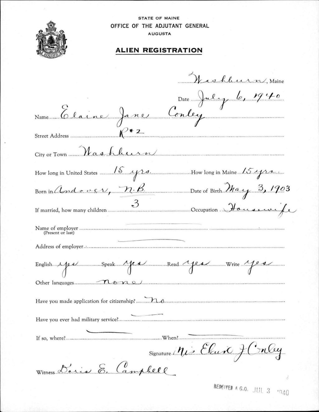Alien Registration- Conley, Elaine J. (Wade, Aroostook County)