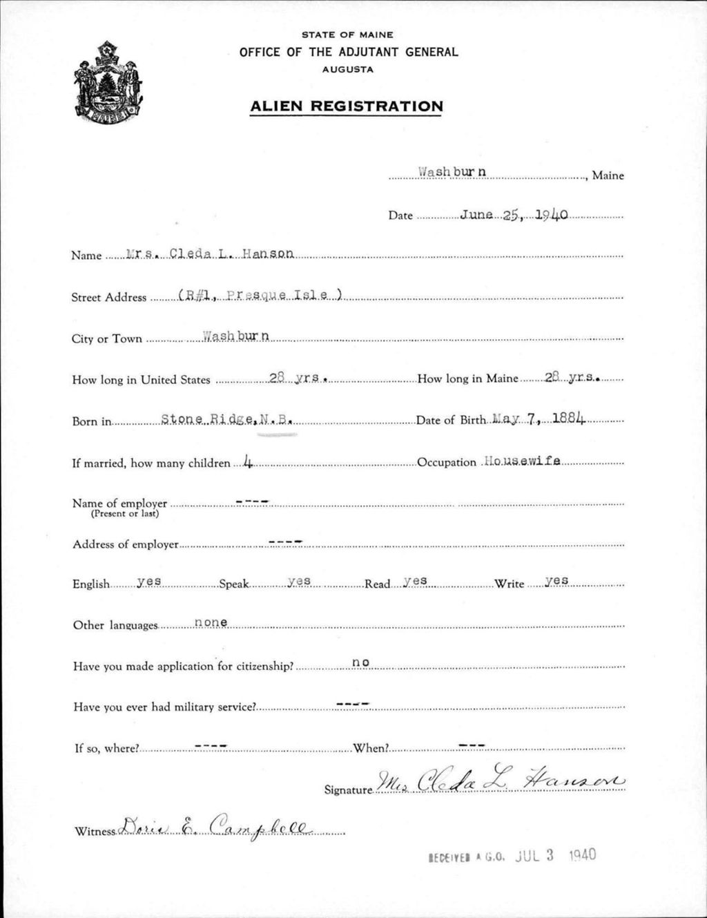 Alien Registration- Hanson, Cleda L. (Wade, Aroostook County)
