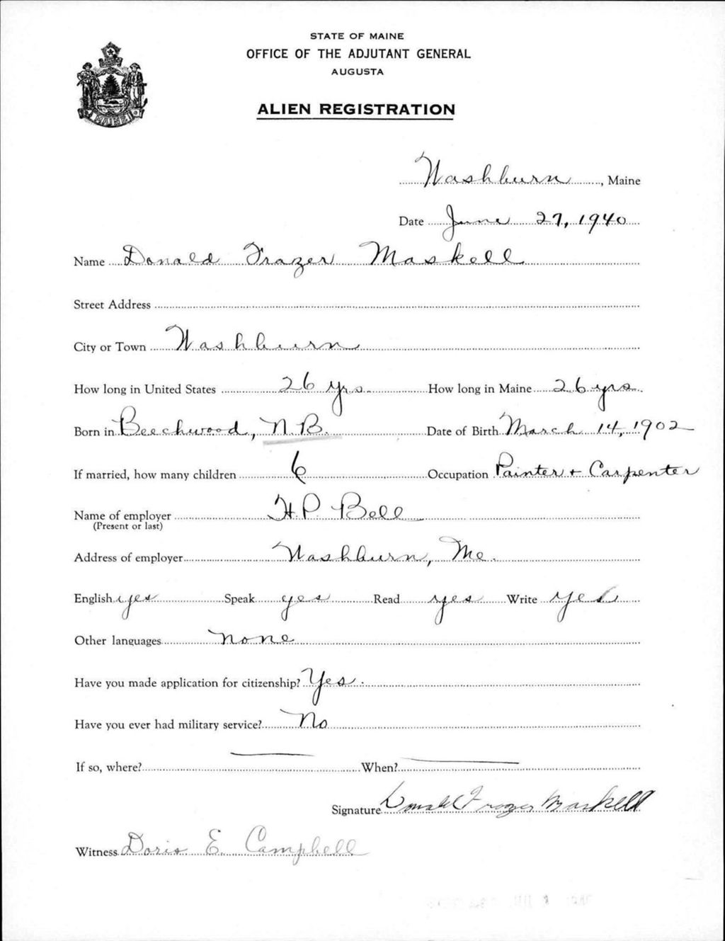 Alien Registration- Maskell, Donald F. (Wade, Aroostook County)