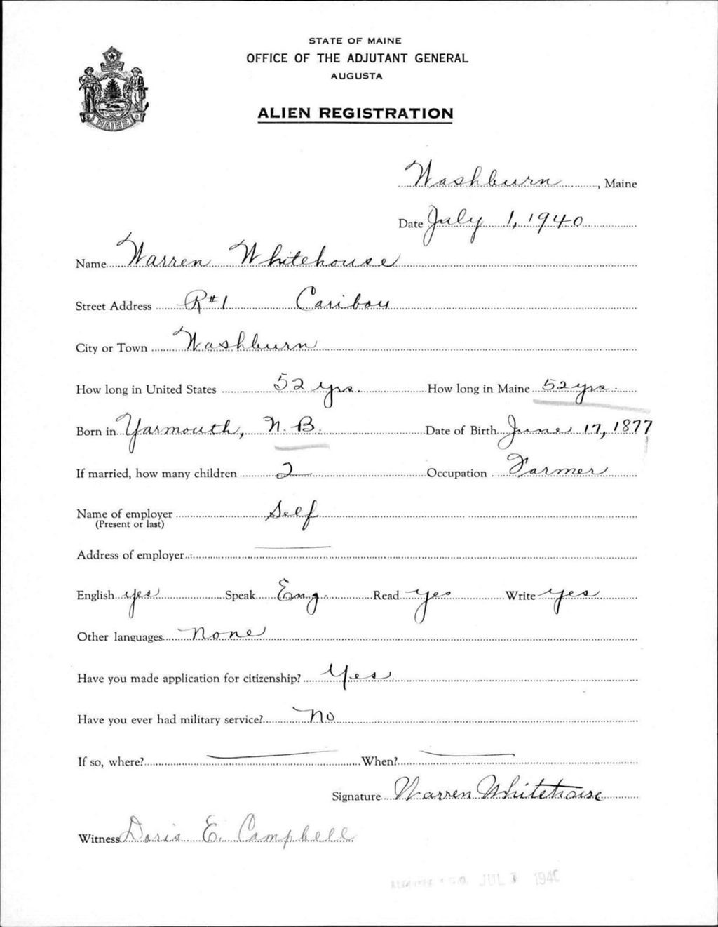 Alien Registration- Whitehouse, Warren (Wade, Aroostook County)