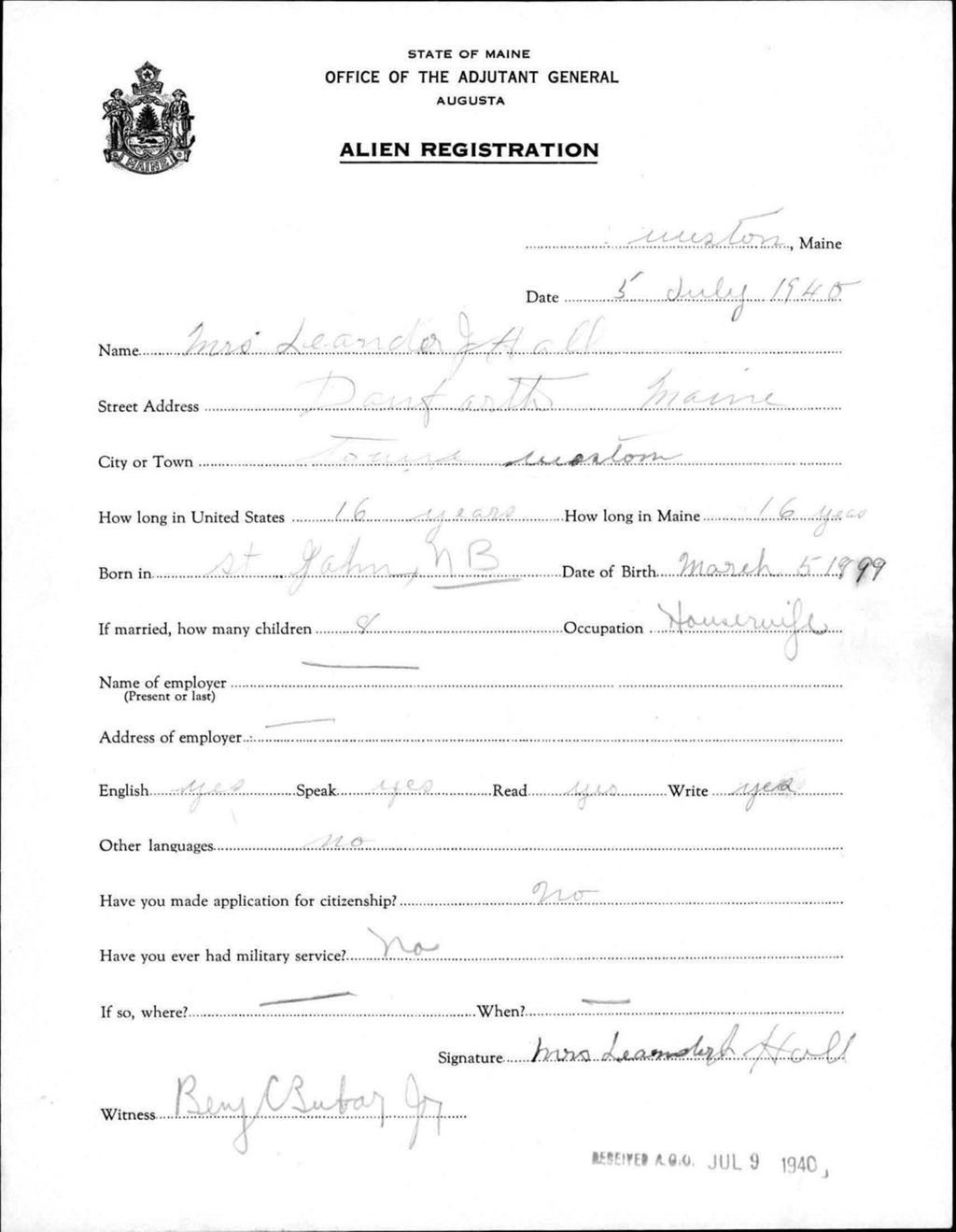 Alien Registration- Hall, Leander J. (Wade, Aroostook County)