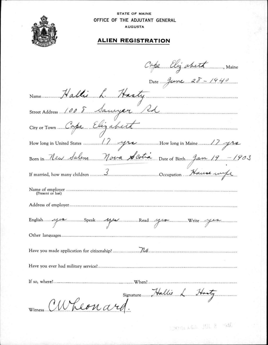 Alien Registration- Hasty, Hallie L. (Baldwin, Cumberland County)