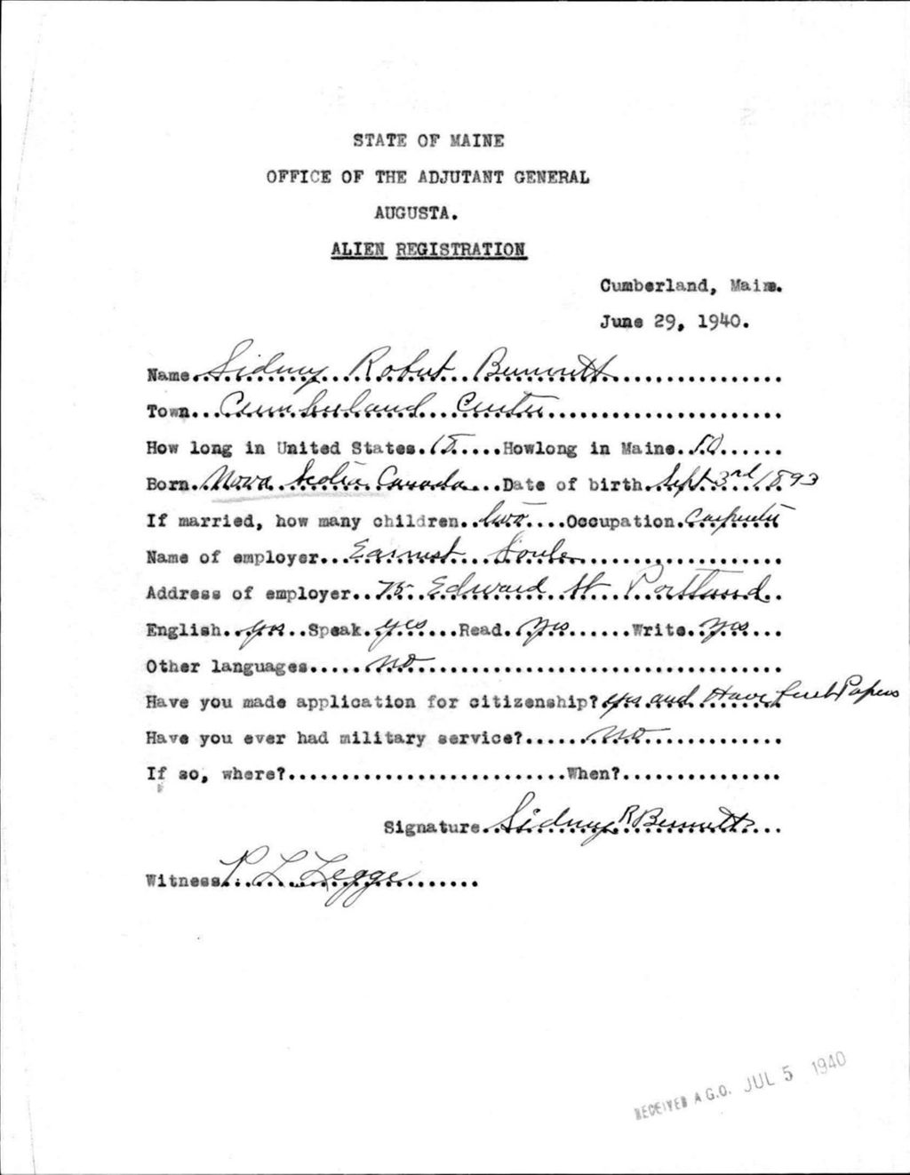 Alien Registration- Bennett, Sidney R. (Baldwin, Cumberland County)