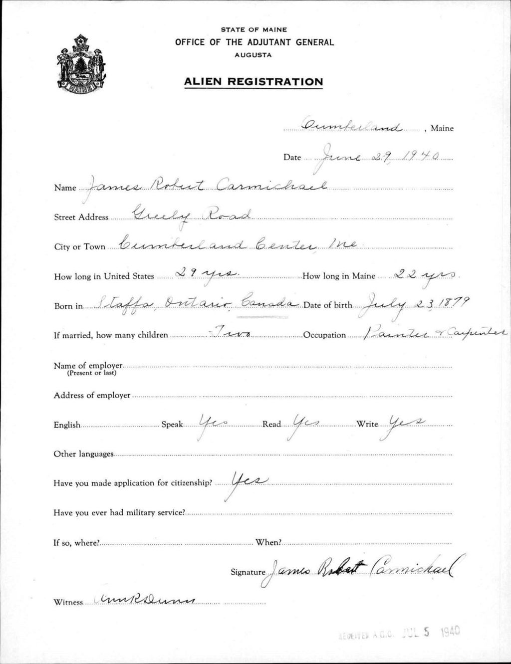 Alien Registration- Carmichael, James R. (Baldwin, Cumberland County)