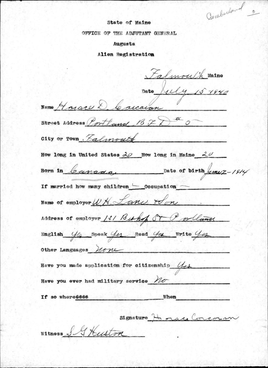 Alien Registration- Corcoran, Horace D. (Baldwin, Cumberland County)
