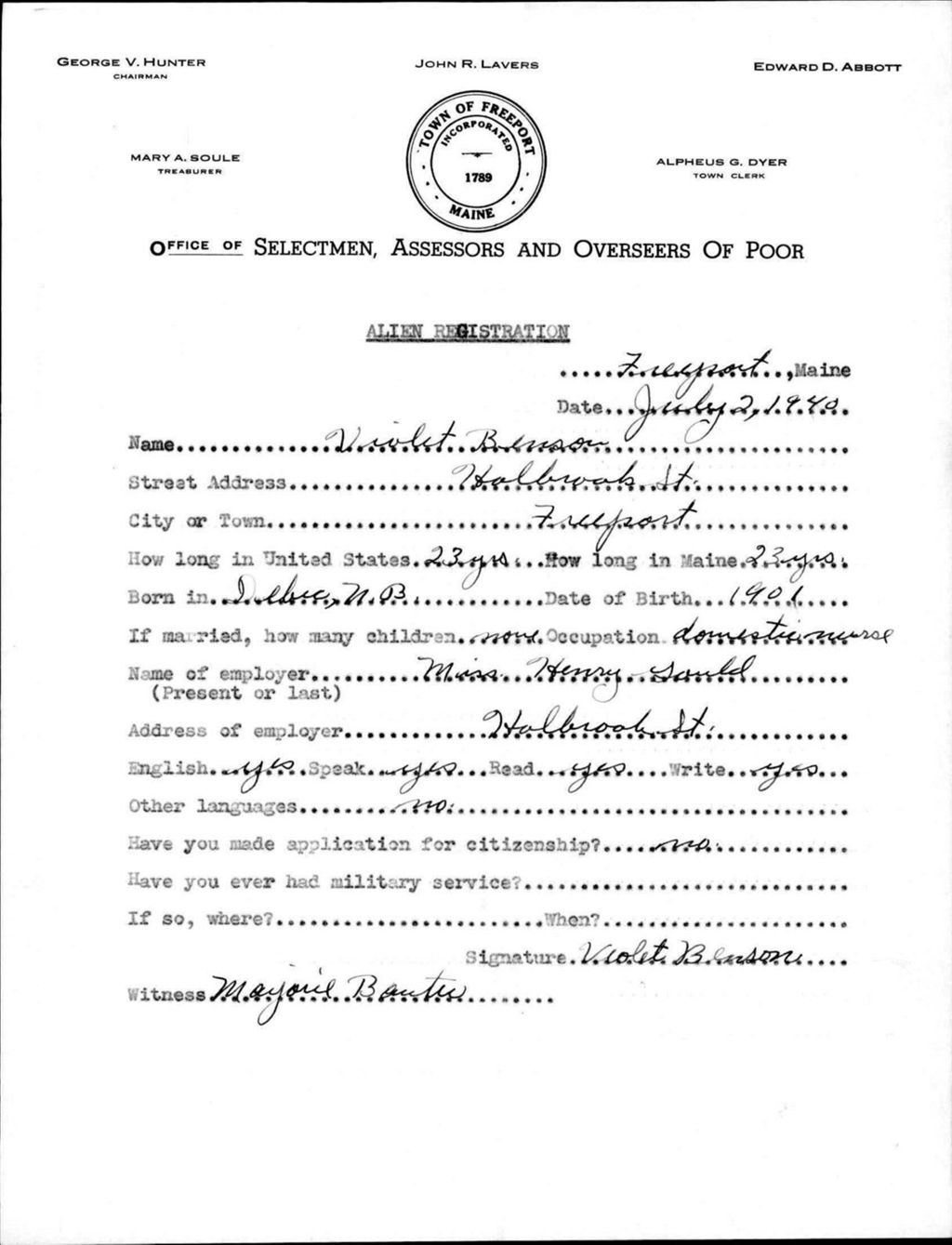 Alien Registration- Benson, Violet (Baldwin, Cumberland County)