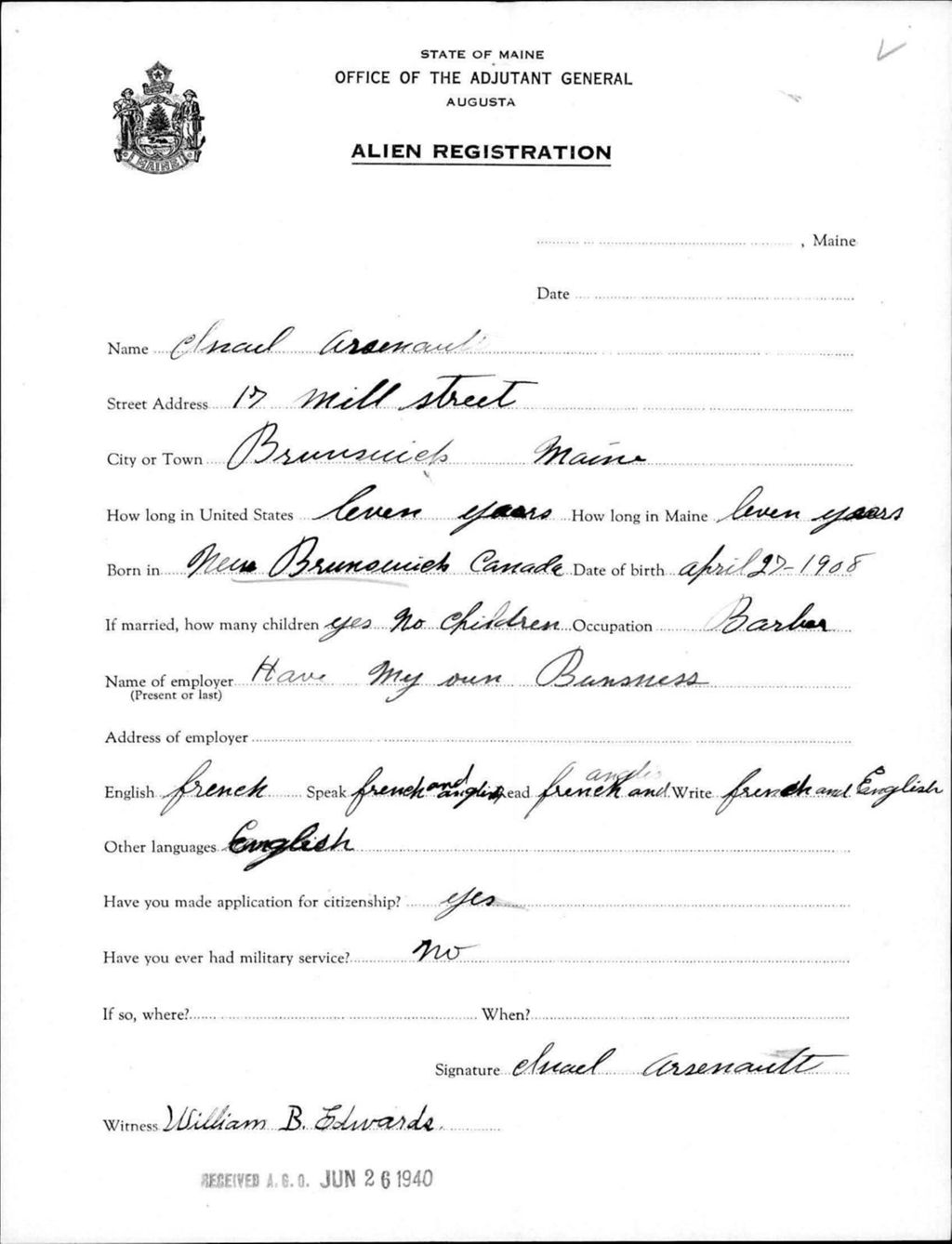 Alien Registration- Arsenault, Isreal (Brunswick, Cumberland County)