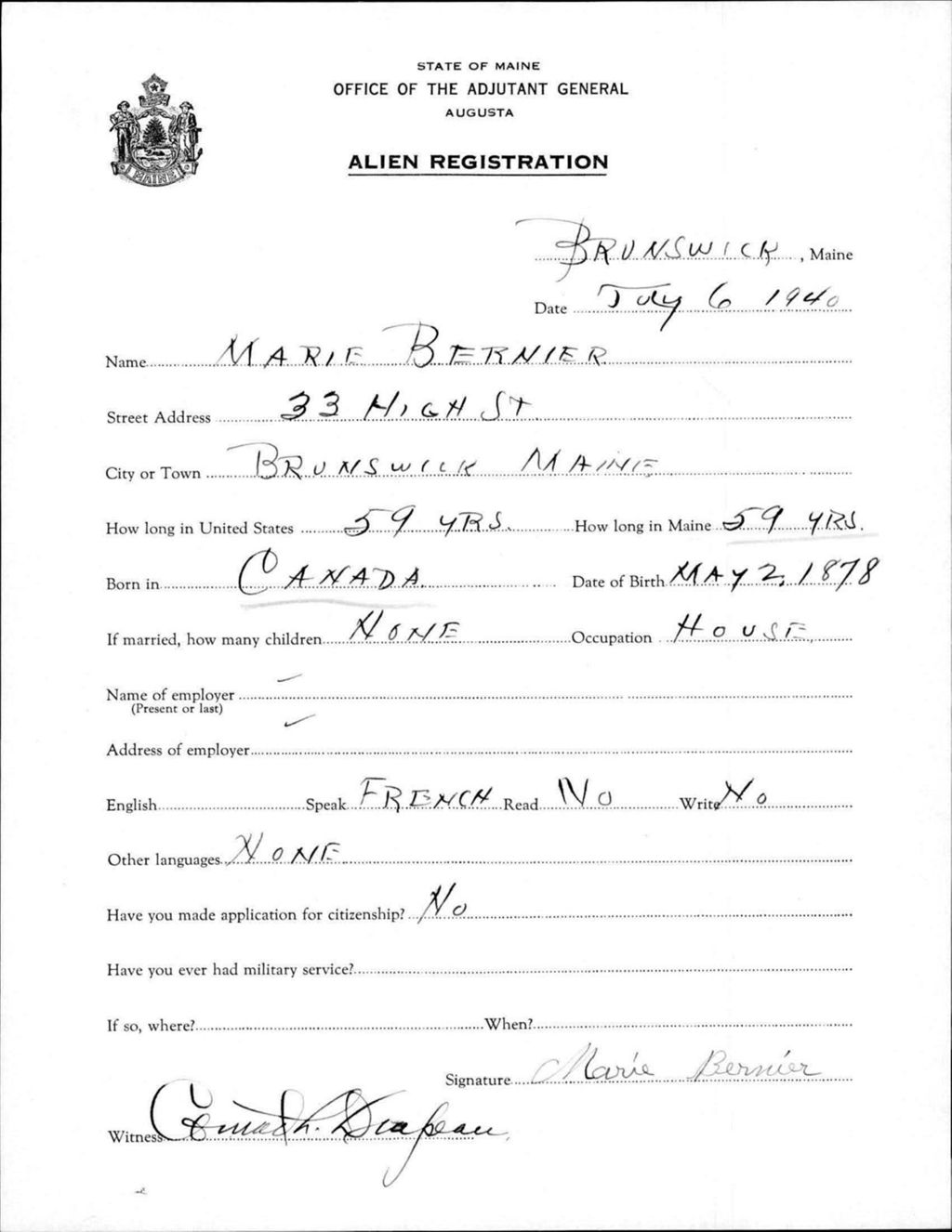 Alien Registration- Bernier, Marie (Brunswick, Cumberland County)