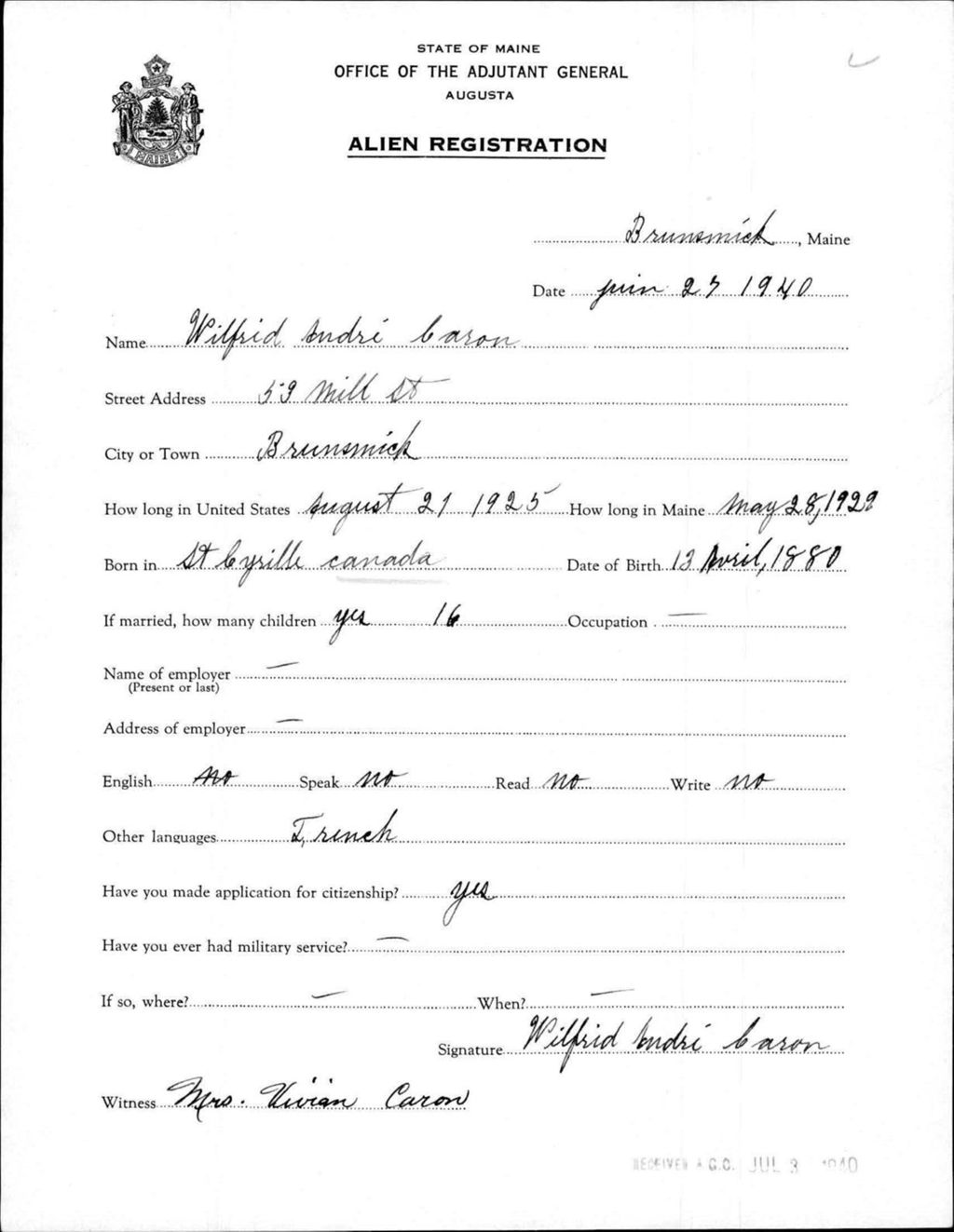 Alien Registration- Caron, Wilfred A. (Brunswick, Cumberland County)