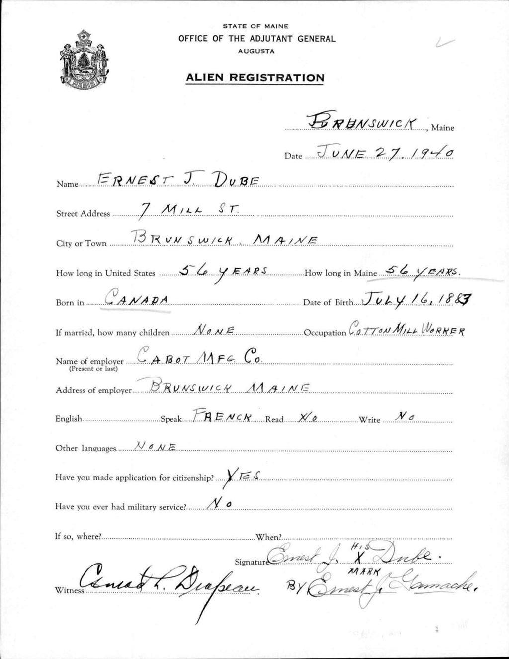 Alien Registration- Dube, Ernest J. (Brunswick, Cumberland County)