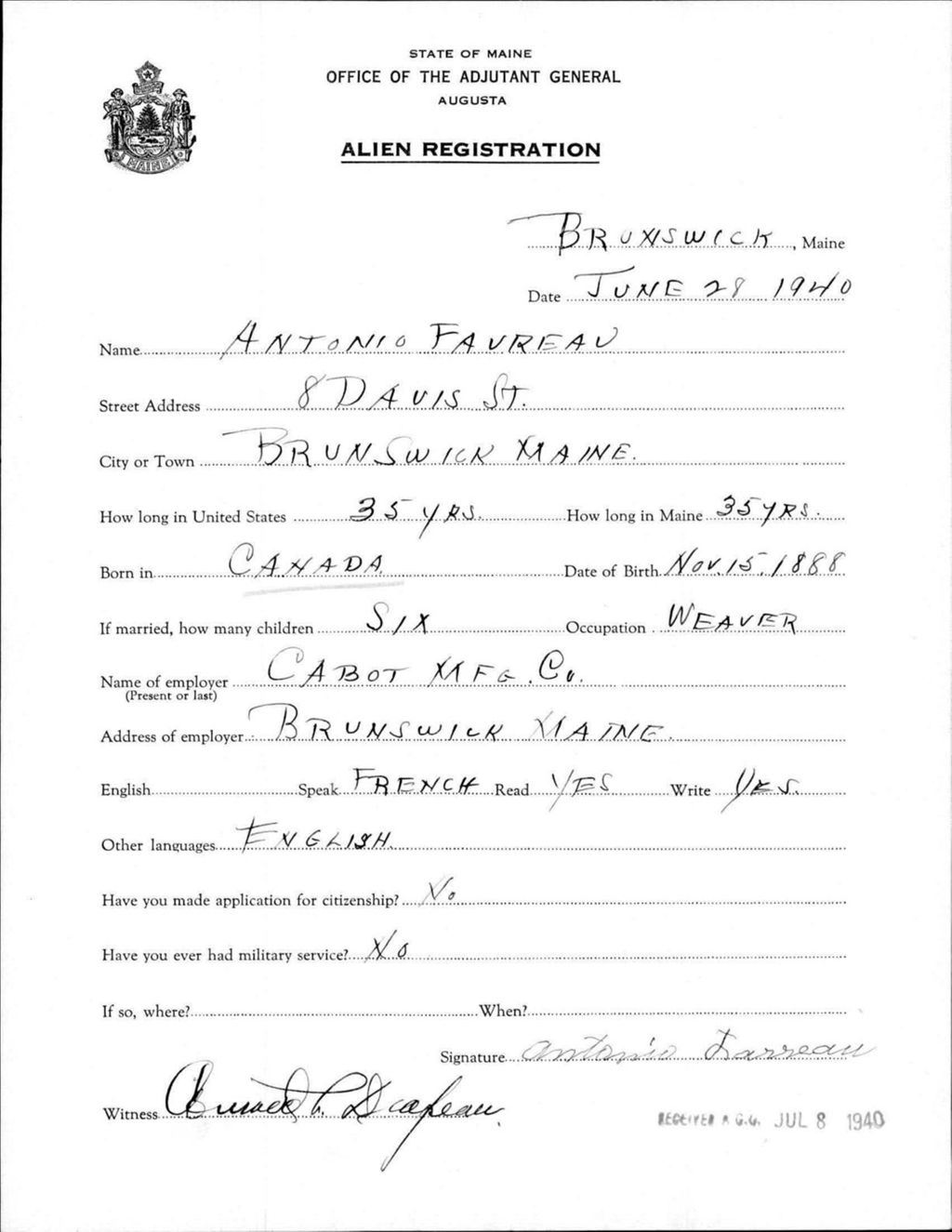 Alien Registration- Favreau, Antonio (Brunswick, Cumberland County)