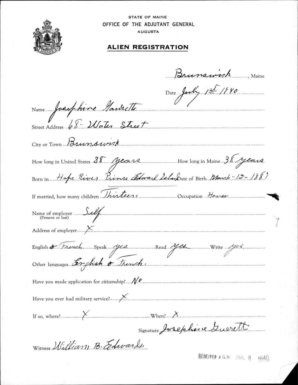 Alien Registration- Gauerette, Josephine (Brunswick, Cumberland County)